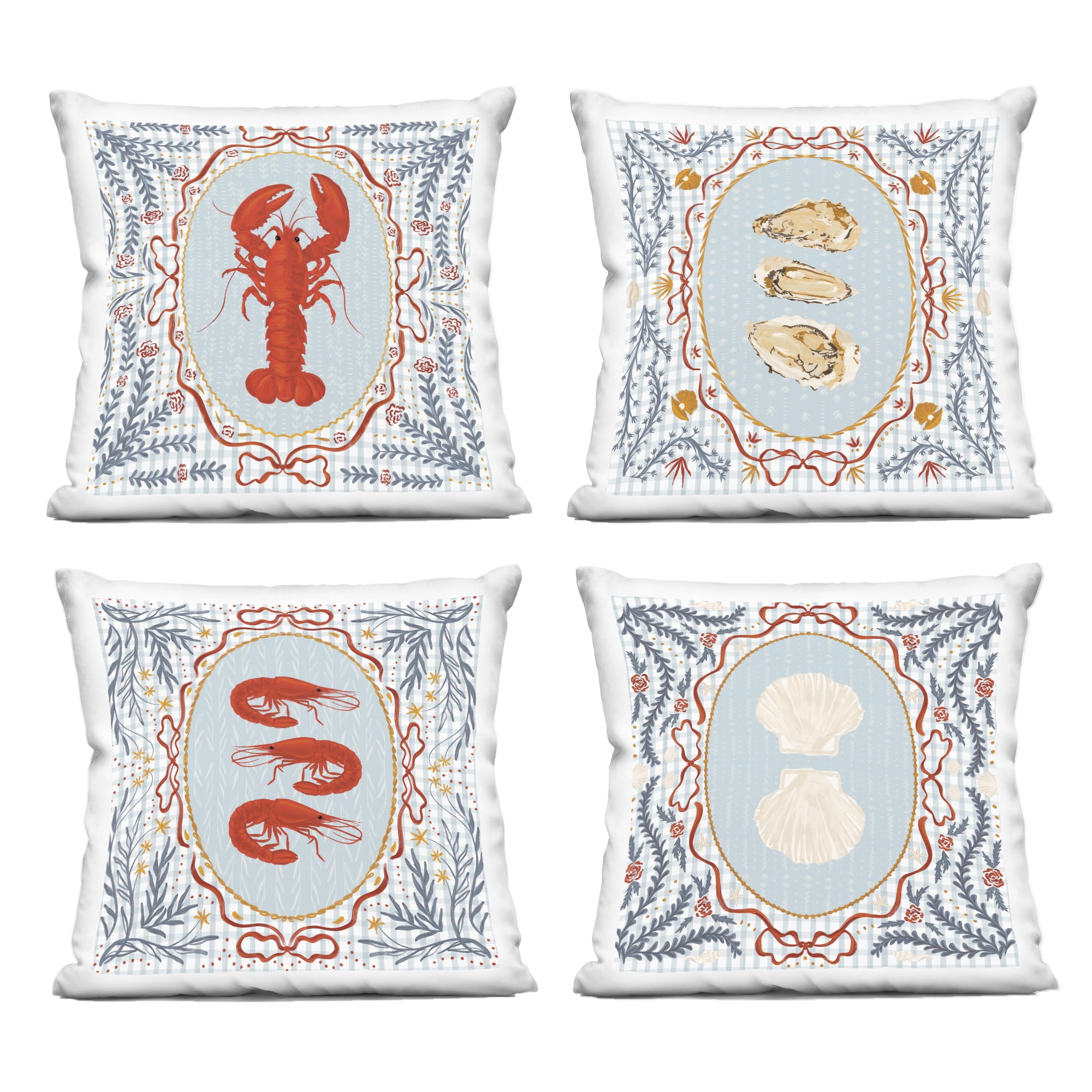 Stupell Industries Sea Creatures on Blue Gingham 4 Piece Decorative Printed Throw Pillow Set, design by Vero Illustrates, 18 x 7 x 18