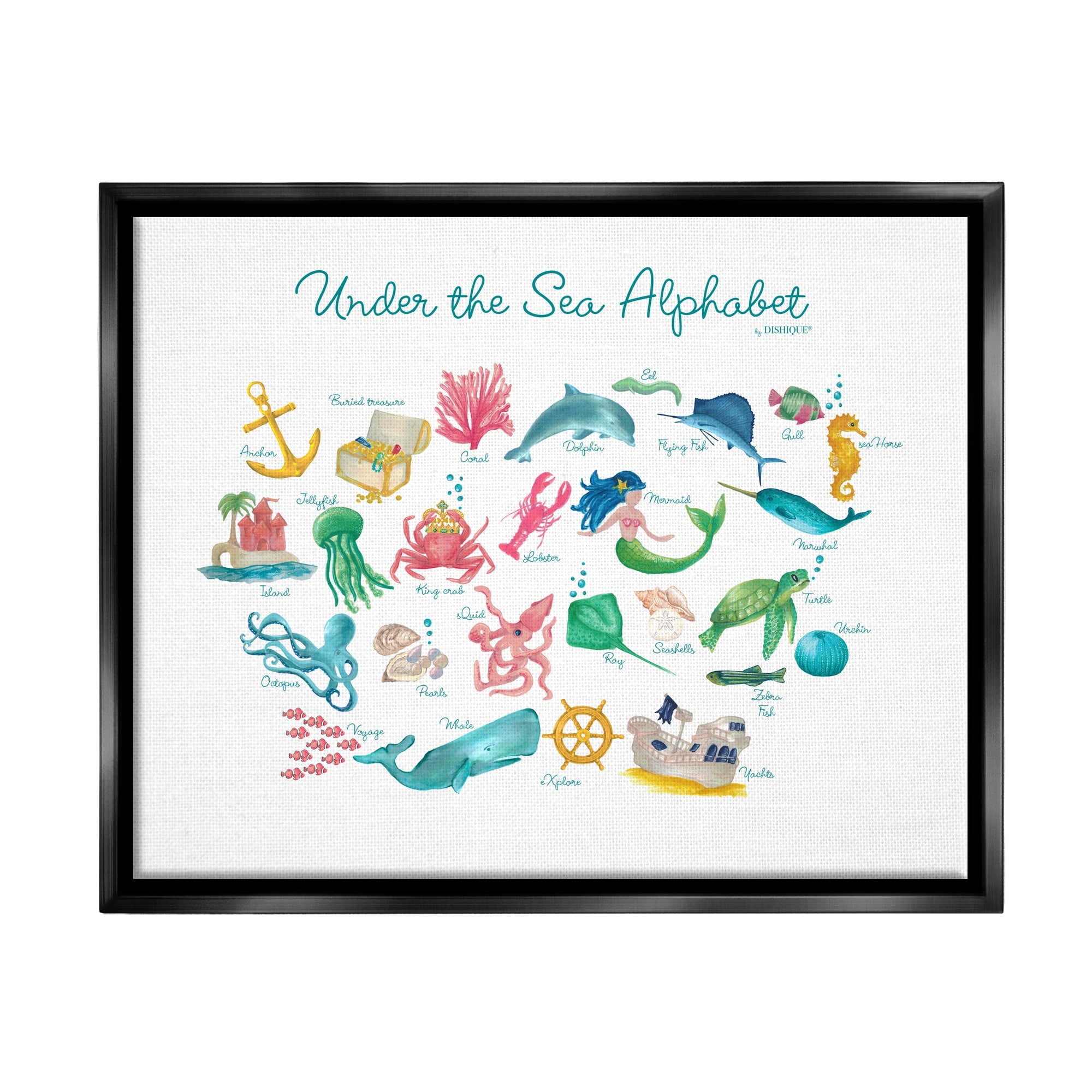 Stupell Industries Under the Sea Educational Alphabet Sea Life Learning Graphic Art Jet Black Floating Framed Canvas Print Wall Art, Design by Dishique
