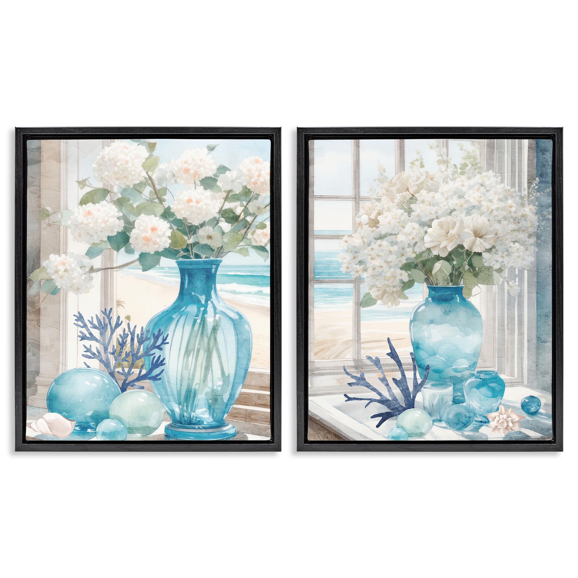 Stupell Industries Sea Glass Coral Beach Bouquet Plants & Flowers Painting Black Floater Framed Canvas Art Print Wall Art, 17 x 21, Set of 2