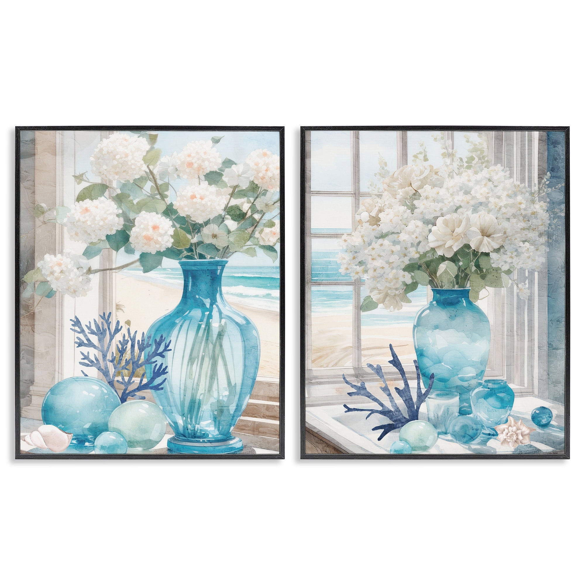 Stupell Industries Sea Glass Coral Beach Bouquet Plants & Flowers Painting Black Framed Art Print Wall Art, 16 x 20, Set of 2