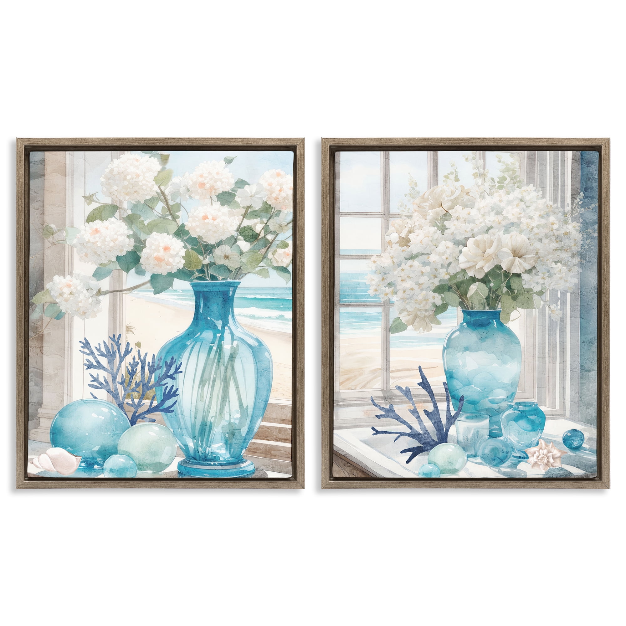 Stupell Industries Sea Glass Coral Beach Bouquet Plants & Flowers Painting Brown Floater Framed Canvas Art Print Wall Art, 17 x 21, Set of 2
