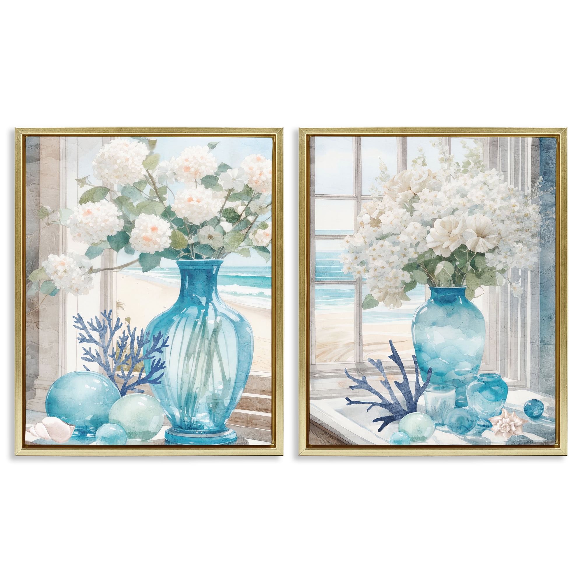 Stupell Industries Sea Glass Coral Beach Bouquet Plants & Flowers Painting Gold Floater Framed Canvas Art Print Wall Art, 31 x 25, Set of 2