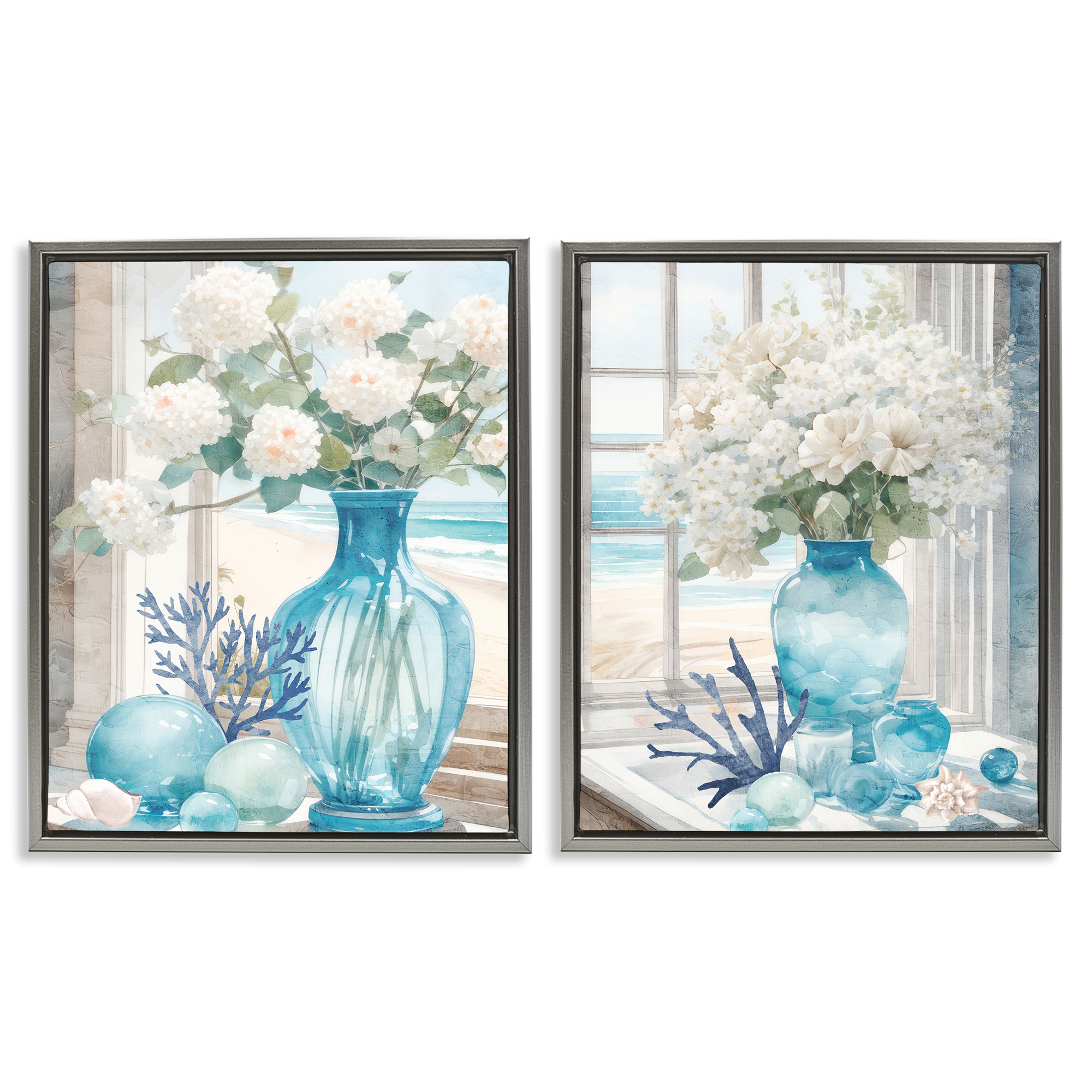 Stupell Industries Sea Glass Coral Beach Bouquet Plants & Flowers Painting Gray Floater Framed Canvas Art Print Wall Art, 31 x 25, Set of 2
