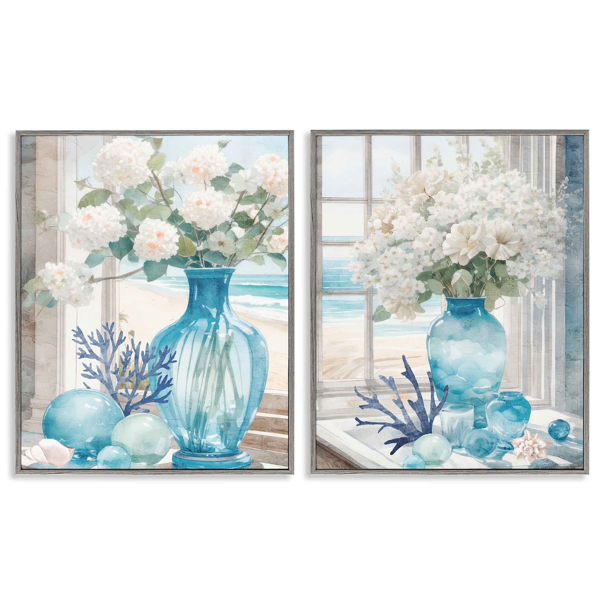 Stupell Industries Sea Glass Coral Beach Bouquet Plants & Flowers Painting Gray Framed Art Print Wall Art, 24 x 30, Set of 2