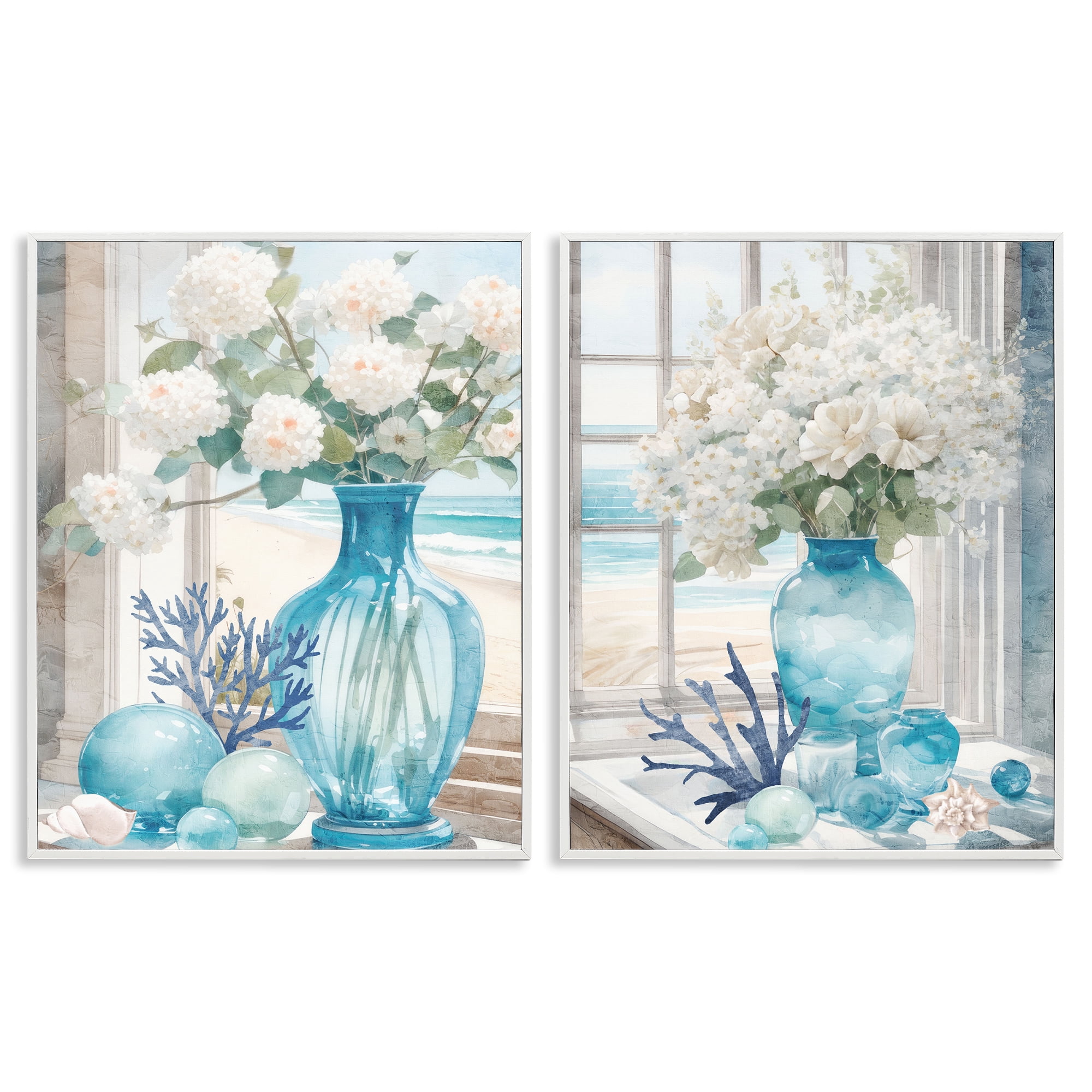 Stupell Industries Sea Glass Coral Beach Bouquet Plants & Flowers Painting White Framed Art Print Wall Art, 24 x 30, Set of 2
