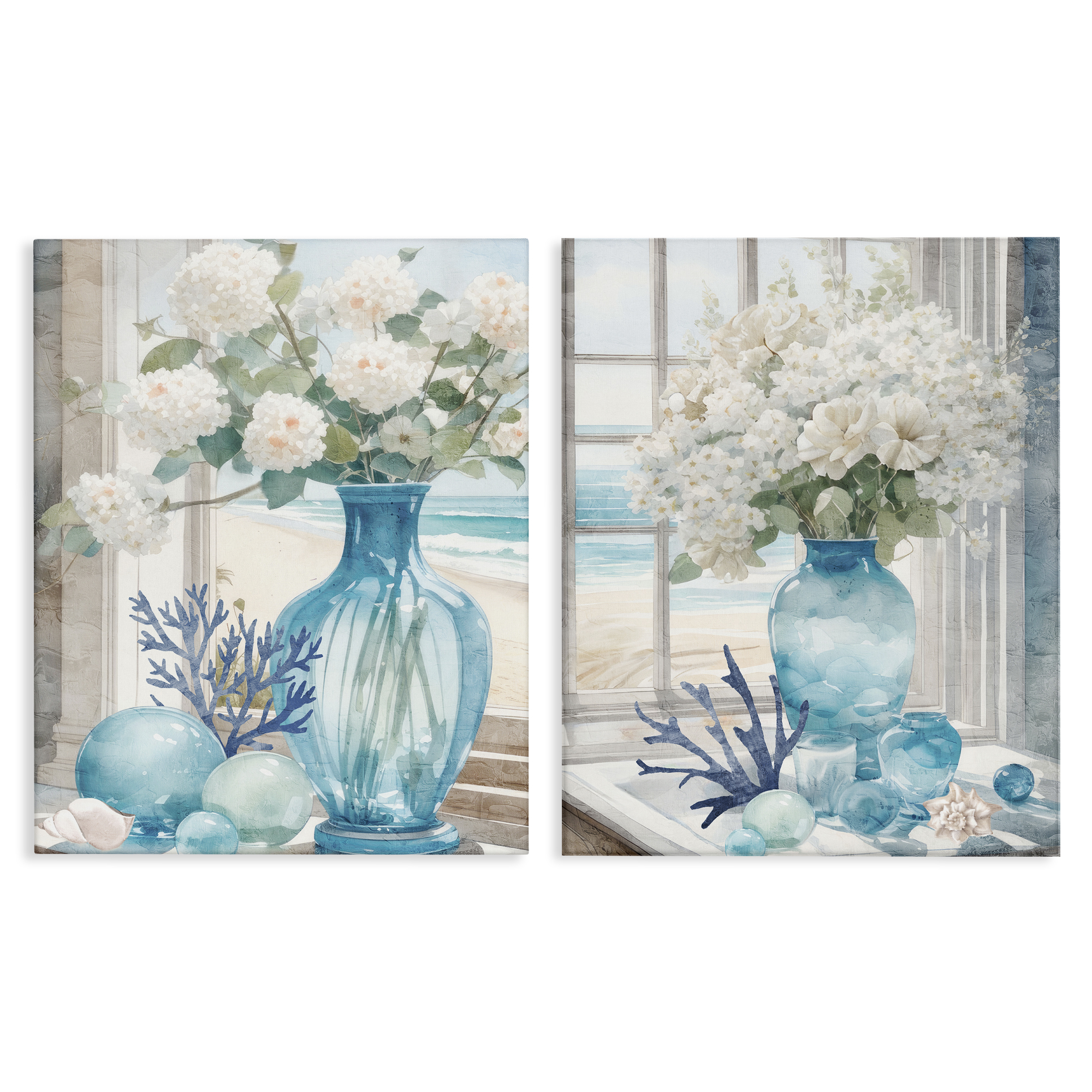 Stupell Industries Sea Glass Coral Beach Bouquet Plants & Flowers Painting Wrapped Canvas Art Print Wall Art, 24 x 30, Set of 2
