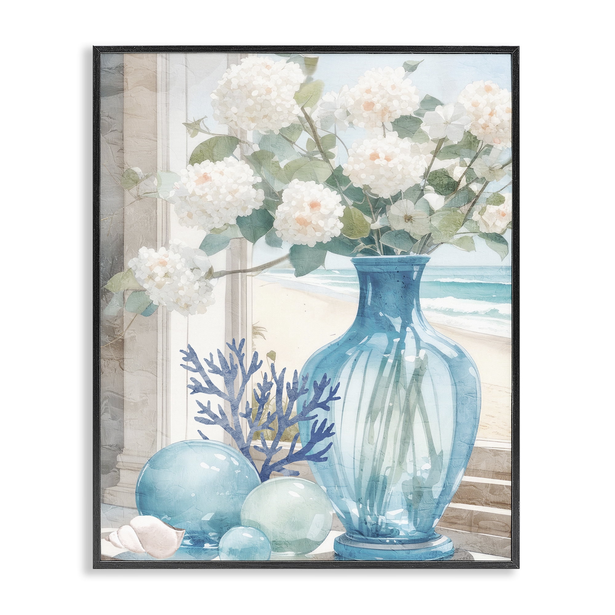 Stupell Industries Sea Glass & Coral Botanical & Floral Painting Black Framed Art Print Wall Art, 24 x 30