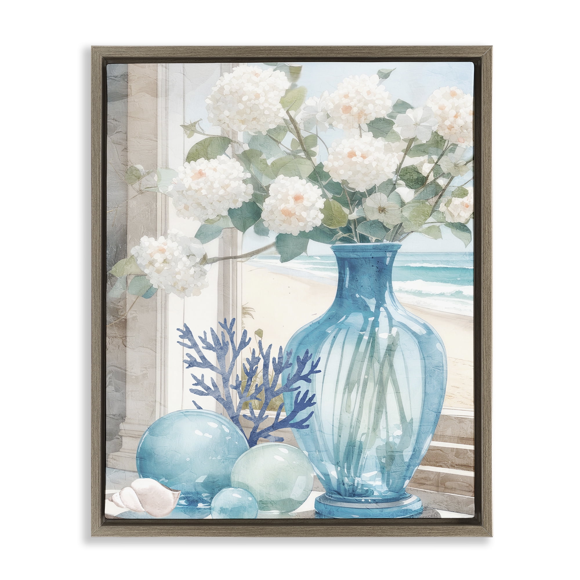 Stupell Industries Sea Glass & Coral Botanical & Floral Painting Brown Floater Framed Art Print Wall Art, 17 x 21
