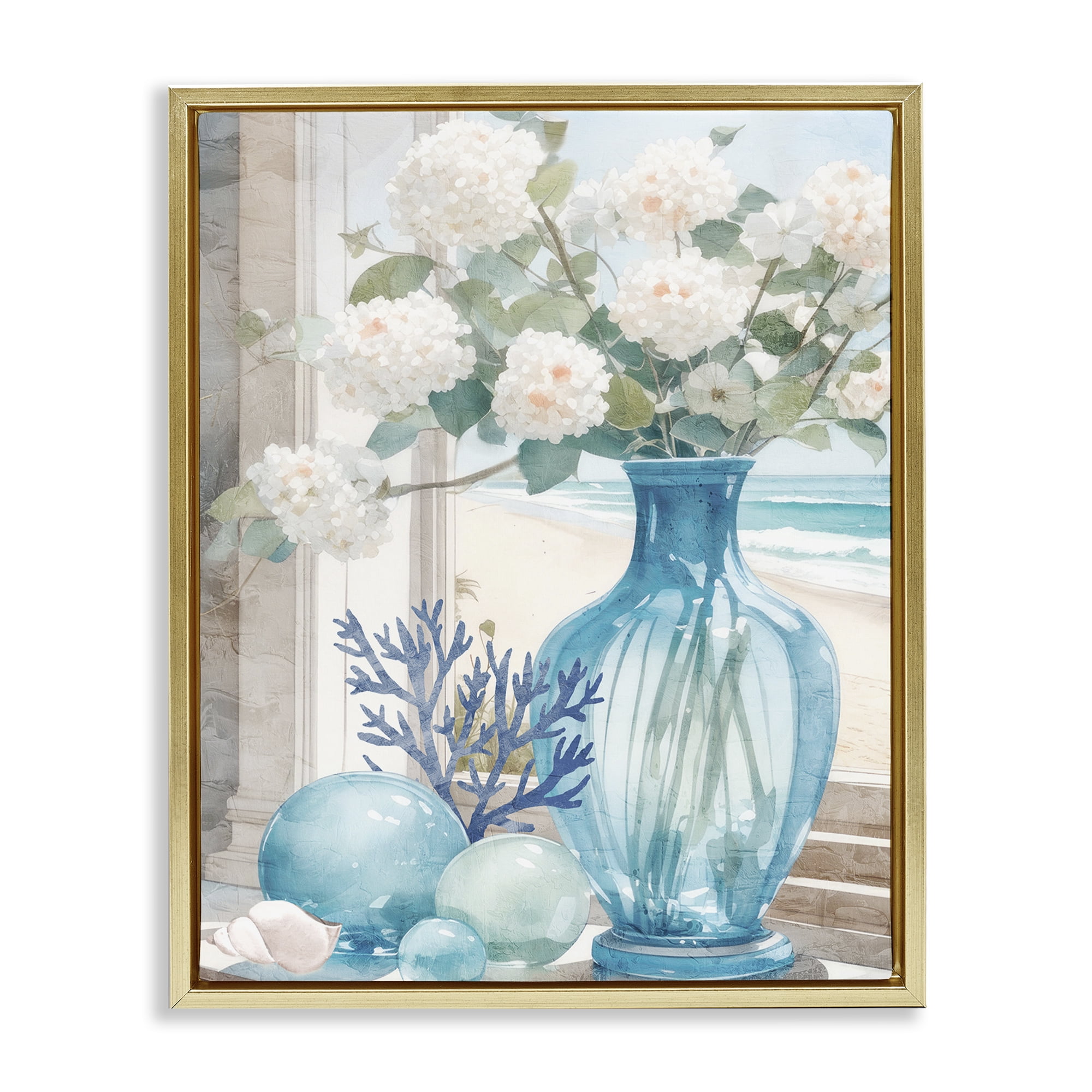 Stupell Industries Sea Glass & Coral Botanical & Floral Painting Gold Floater Framed Art Print Wall Art, 25 x 31
