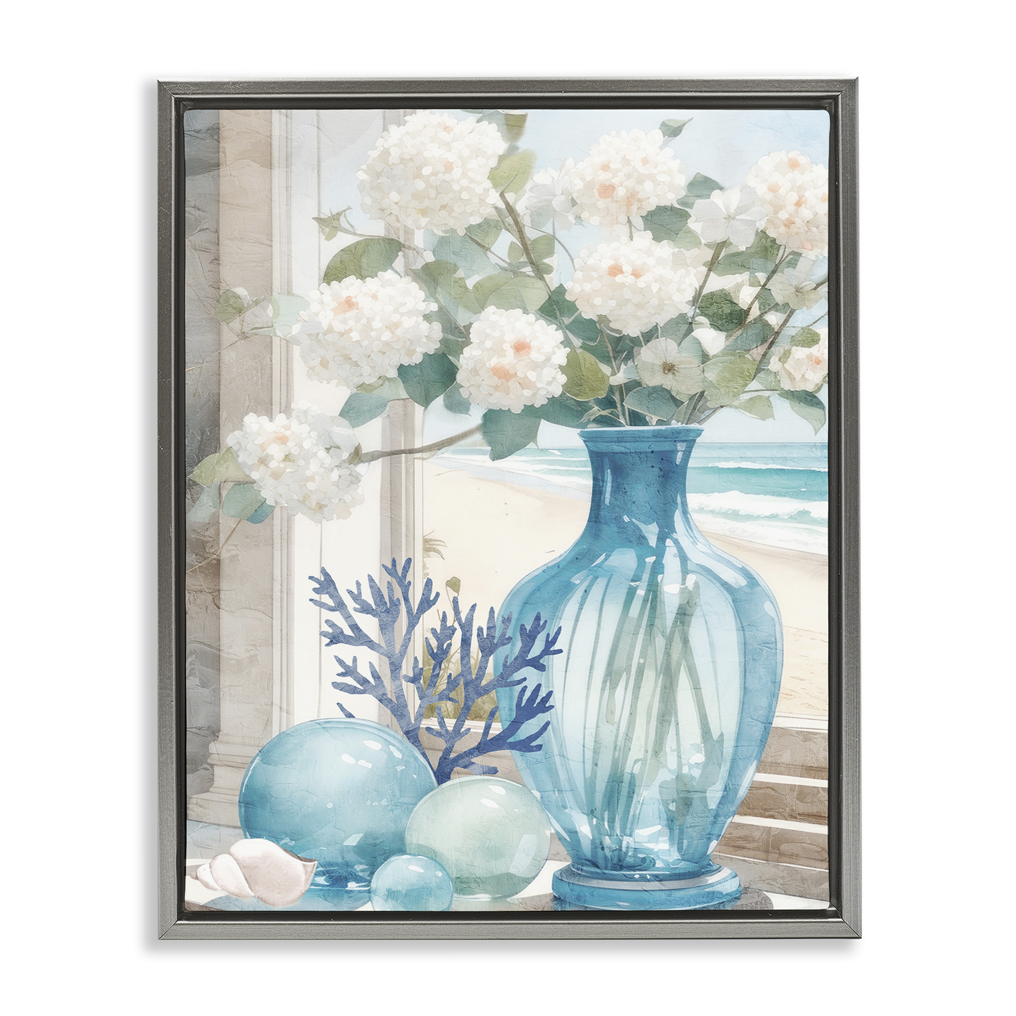 Stupell Industries Sea Glass & Coral Botanical & Floral Painting Gray Floater Framed Art Print Wall Art, 25 x 31