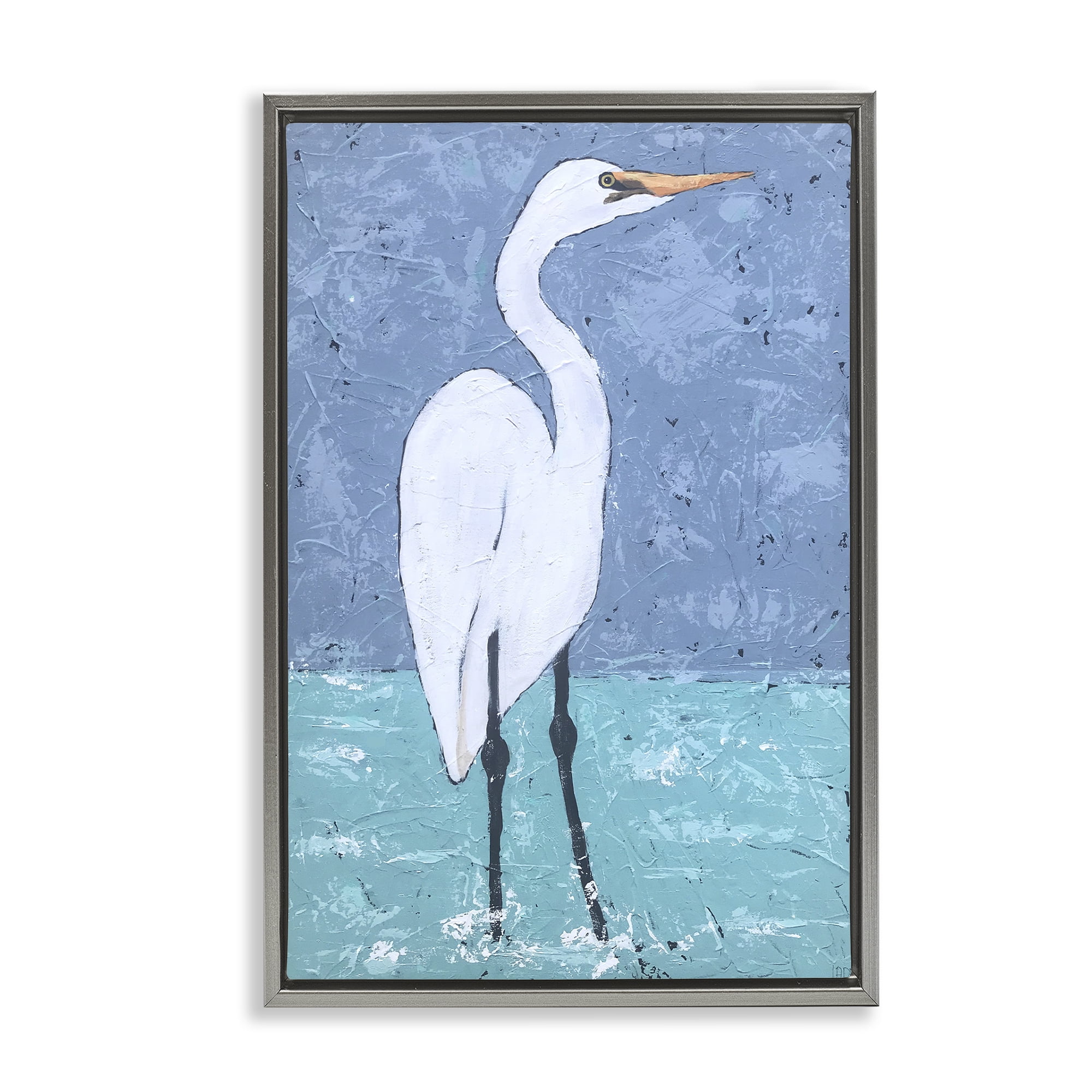 Stupell Industries Sea Heron Standing Animals & Insects Painting Gray Floater Framed Canvas Art Print Wall Art, 21 x 31