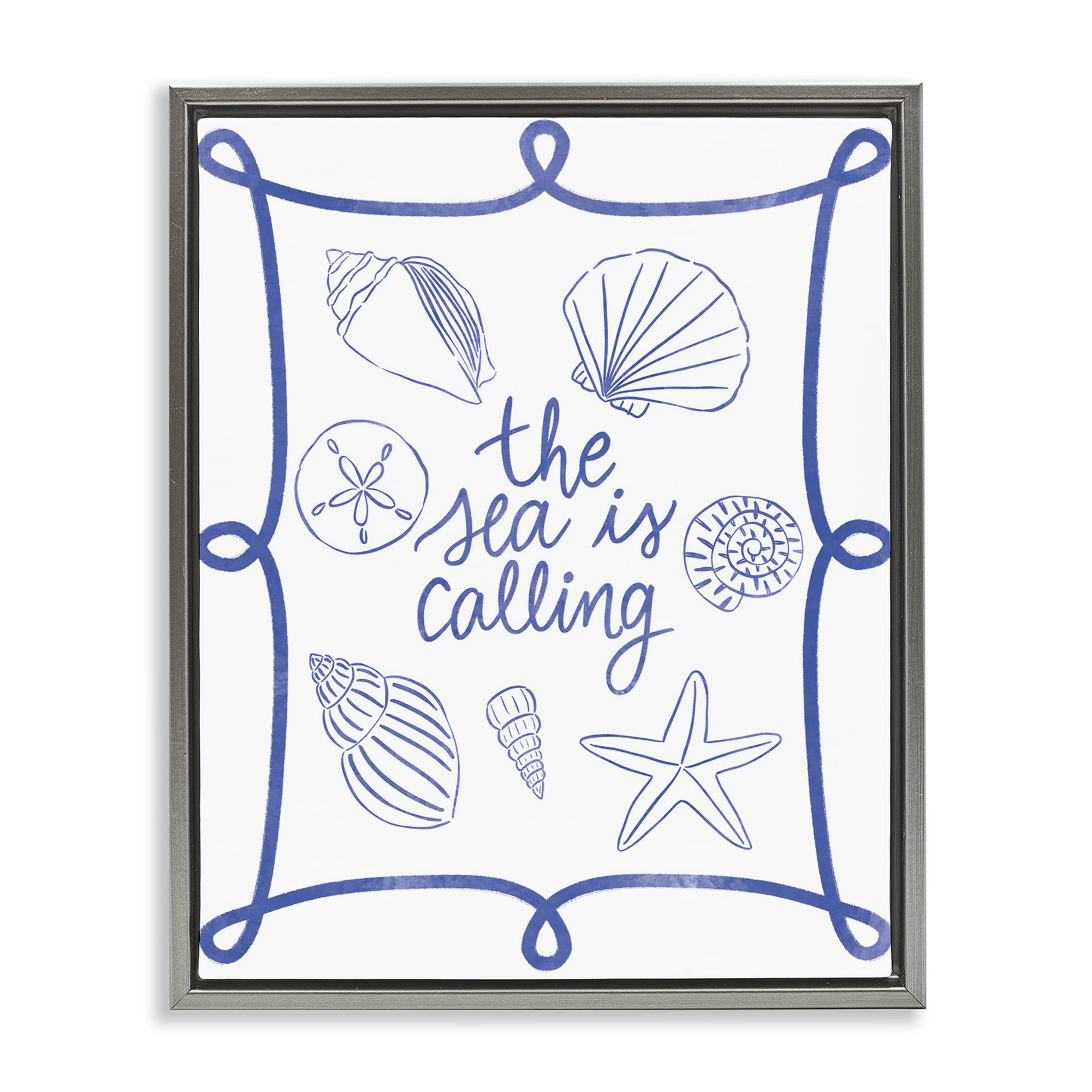 Stupell Industries Sea Is Calling with Shells Nautical & Beach Painting Gray Floater Framed Canvas Art Print Wall Art, 17 x 21