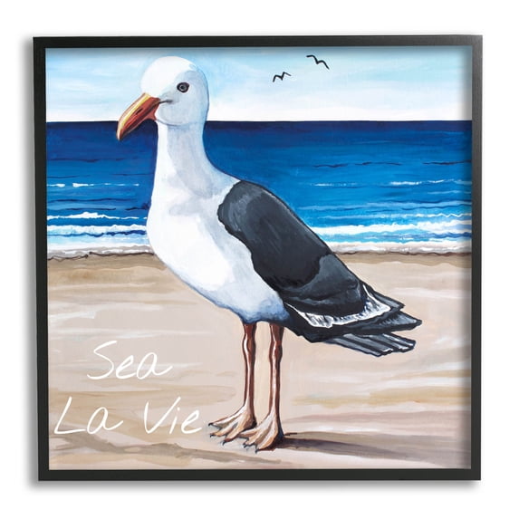 Stupell Industries Sea La Vie French Beach Seagull Quote Graphic Art Black Framed Art Print Wall Art, Design by Elizabeth Tyndall
