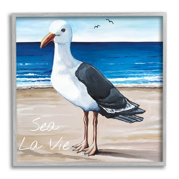 Stupell Industries Sea La Vie French Beach Seagull Quote Graphic Art Gray Framed Art Print Wall Art, Design by Elizabeth Tyndall