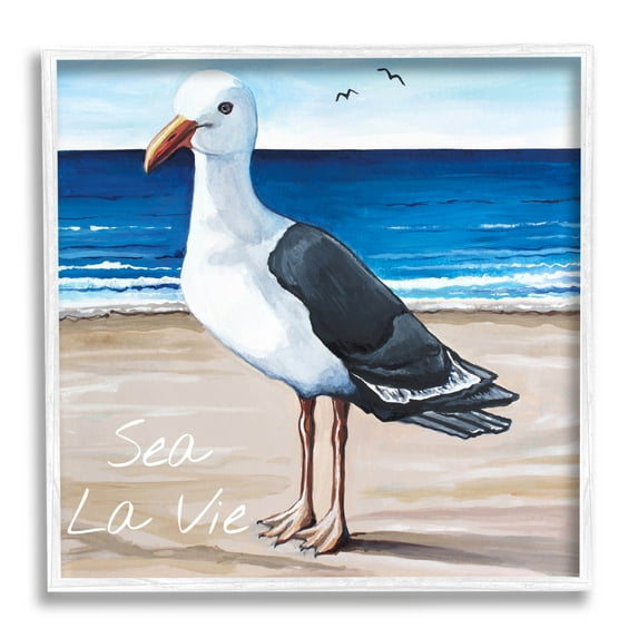 Stupell Industries Sea La Vie French Beach Seagull Quote Graphic Art White Framed Art Print Wall Art, Design by Elizabeth Tyndall