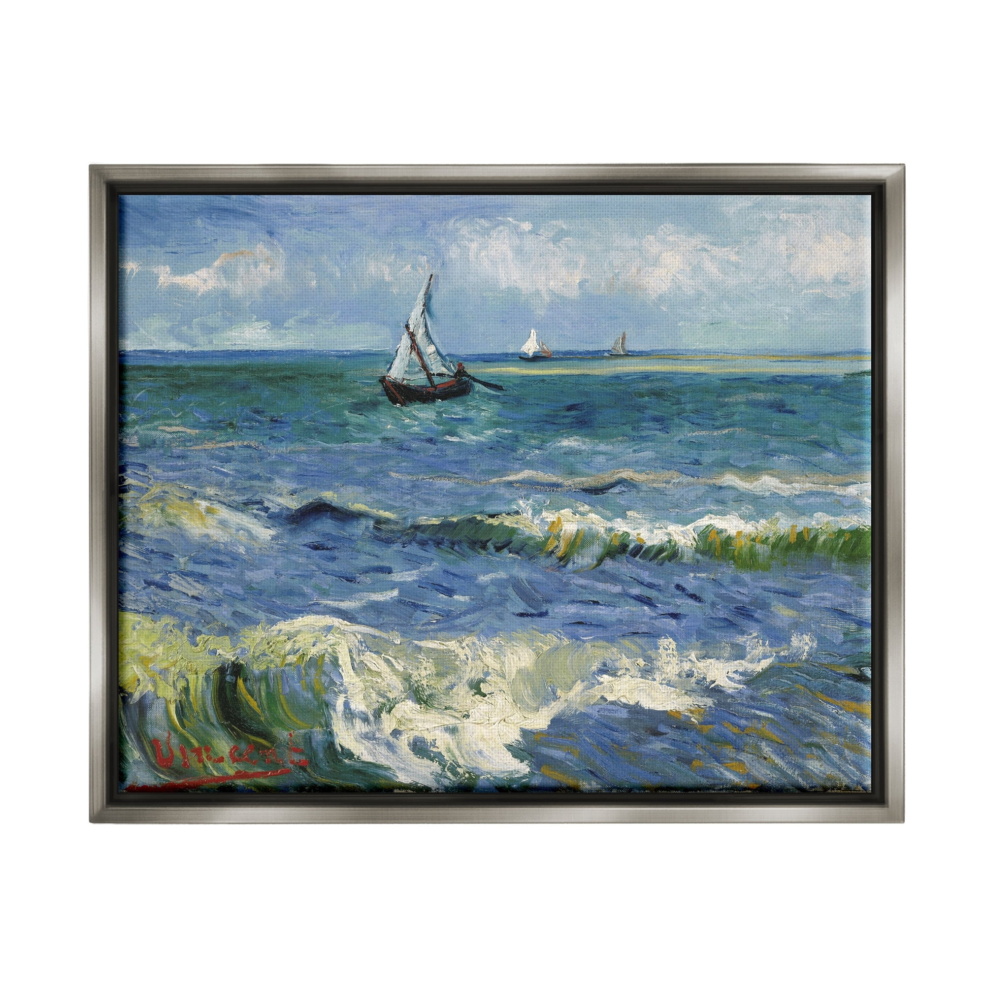 Stupell Industries The Sea at Les Saintes-Maries-de-la-Mer Vincent van Gogh Painting Painting Luster Gray Floating Framed Canvas Print Wall Art, Design by one1000paintings