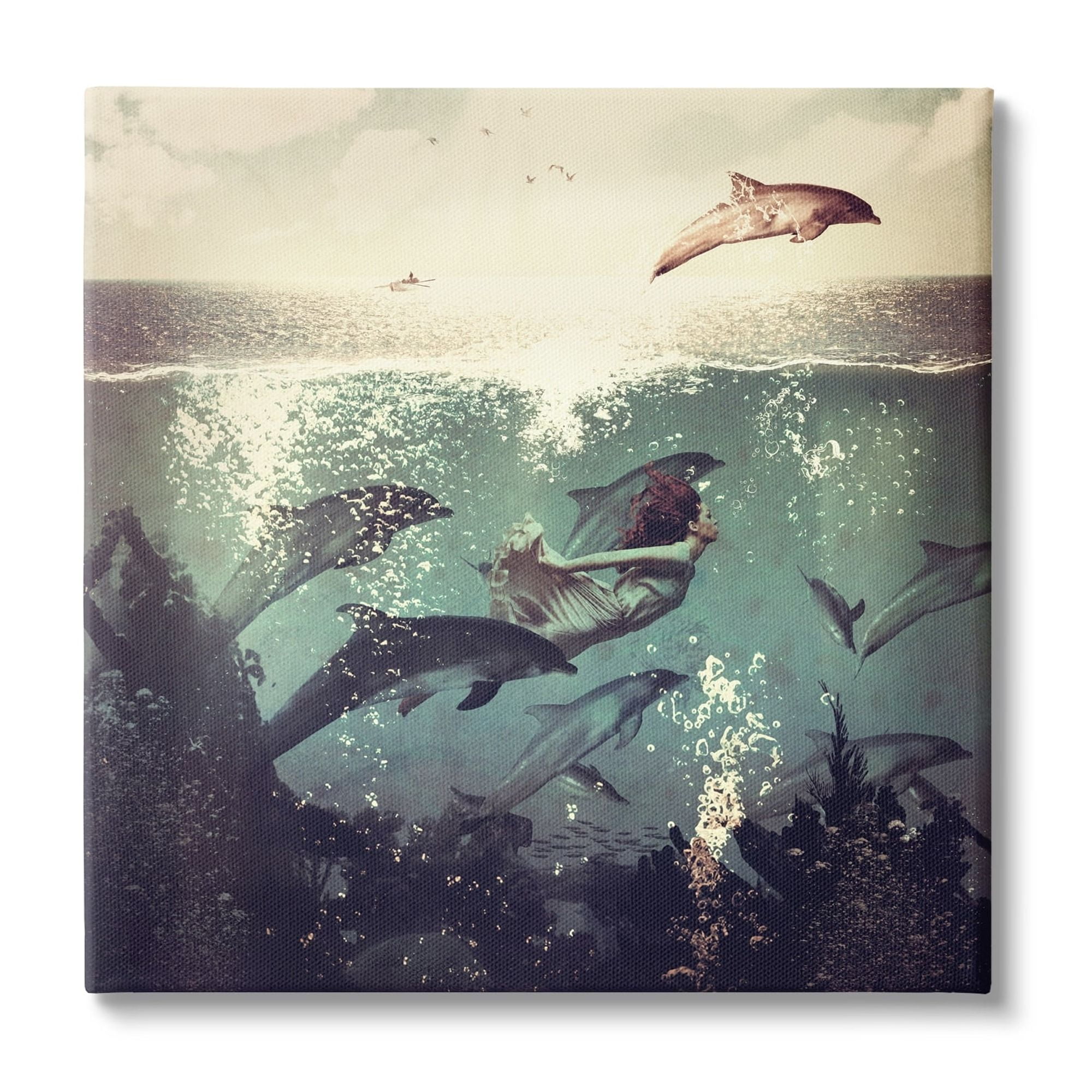 Stupell Industries Sea Life Mermaid Dolphins Splashing Diving Ocean Water Canvas Wall Art, 24 x 24, Design by Paula Belle Flores