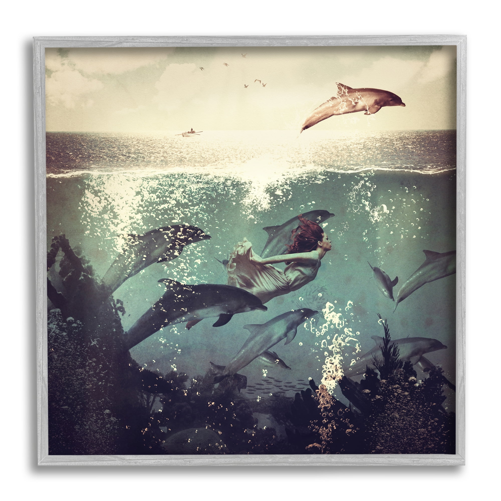 Stupell Industries Sea Life Mermaid Dolphins Splashing Diving Ocean Water Framed Wall Art, 12 x 12, Design by Paula Belle Flores