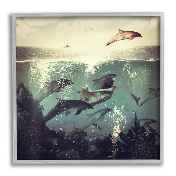 Stupell Industries Sea Life Mermaid Dolphins Splashing Diving Ocean Water Framed Wall Art, 17 x 17, Design by Paula Belle Flores