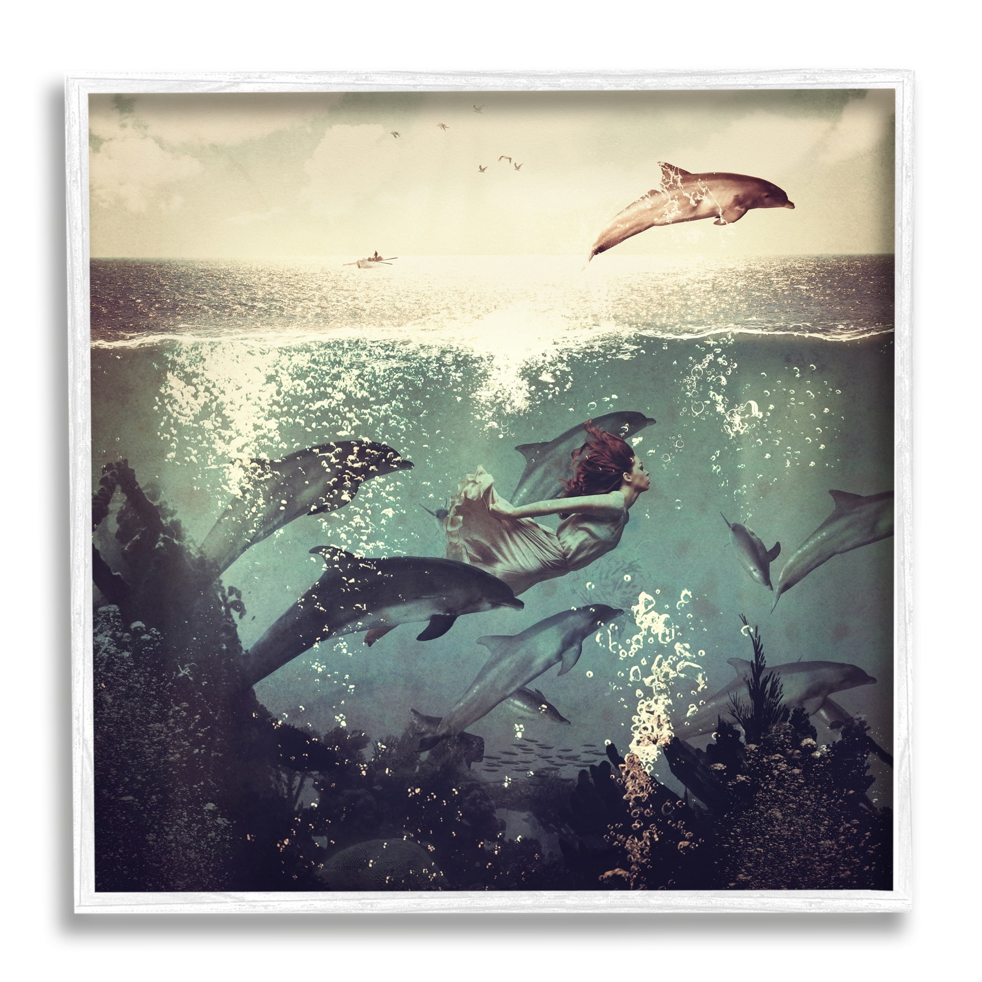 Stupell Industries Sea Life Mermaid Dolphins Splashing Diving Ocean Water Framed Wall Art, 17 x 17, Design by Paula Belle Flores