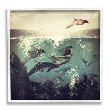 Stupell Industries Sea Life Mermaid Dolphins Splashing Diving Ocean Water Framed Wall Art, 17 x 17, Design by Paula Belle Flores