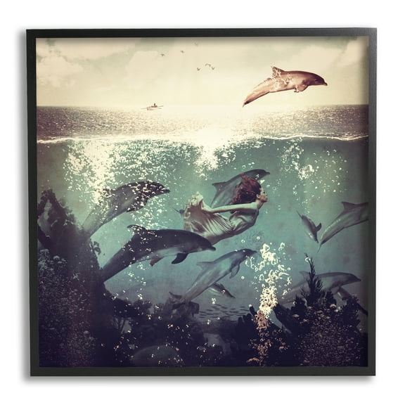Sea Life Mermaid Dolphins Splashing Diving Ocean Water Animals & Insects Painting Framed Art Print Wall Art