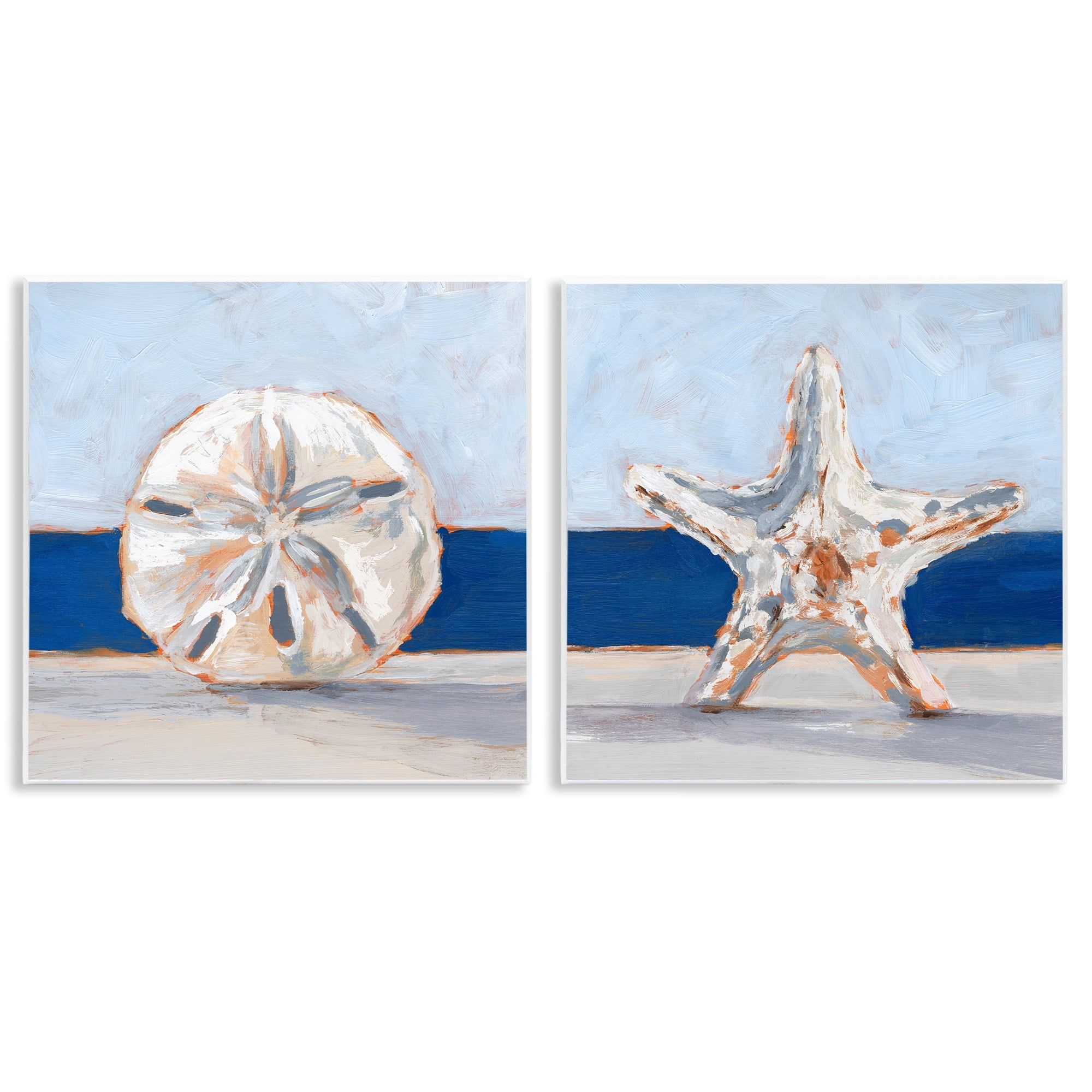 Coastal Blue and White Starfish and Sand Dollar Wood Wall Art, 12 x 12