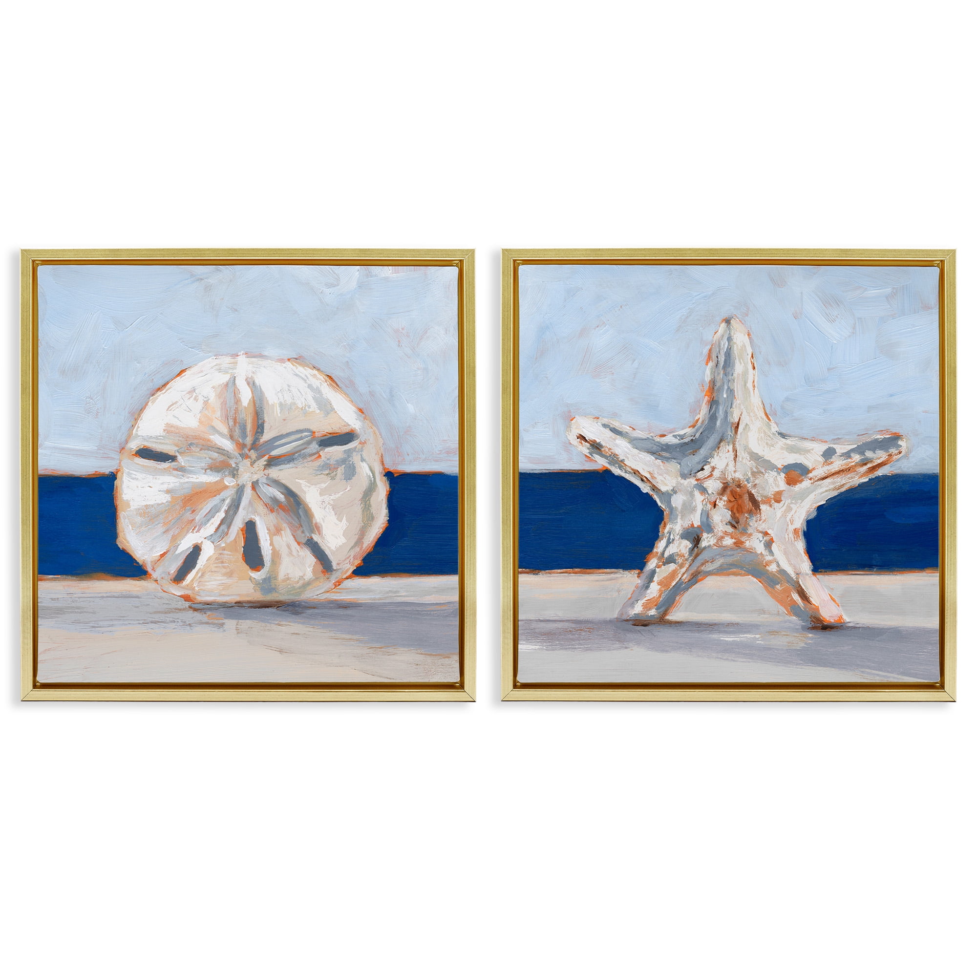 Stupell Industries Sea Life Starfish Seashell Painting Nature Painting Gold Floater Framed Canvas Art Print Wall Art, 18 x 18, Set of 2