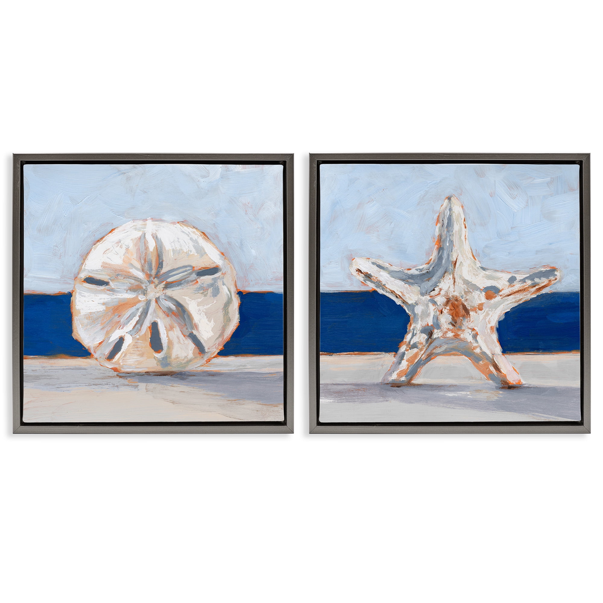 Stupell Industries Sea Life Starfish Seashell Painting Nature Painting Gray Floater Framed Canvas Art Print Wall Art, 18 x 18, Set of 2