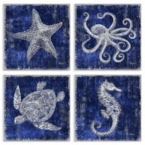 Stupell Industries Sea Life on Abstract Blue Nautical & Beach Painting Wrapped Canvas Art Print Wall Art, 17 x 17, Set of 4