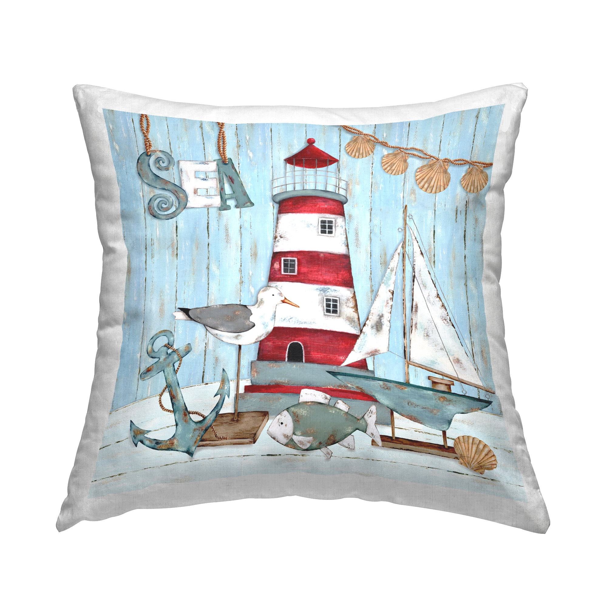Stupell Industries Sea Nautical Lighthouse Boat Anchor Square Decorative Printed Throw Pillow, 18 x 18,