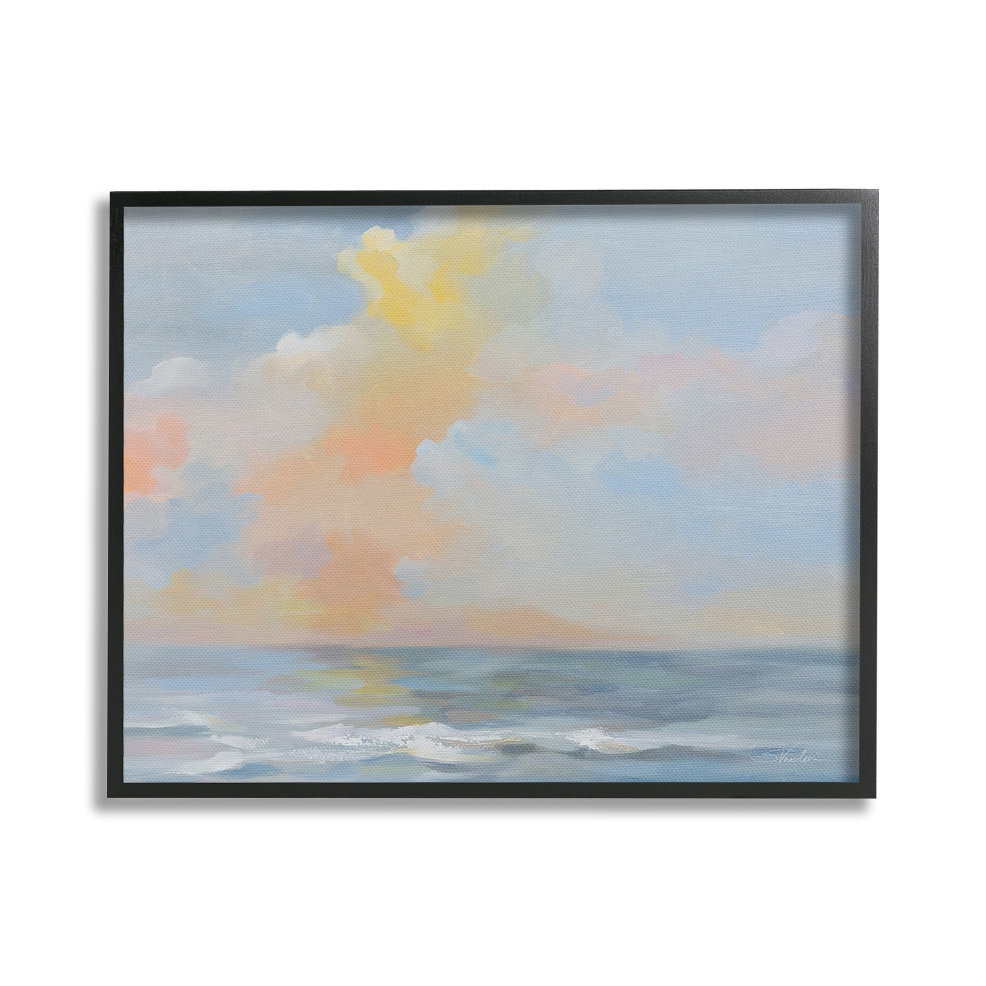Stupell Industries Sea & Pastel Clouds Landscape Painting Black Framed Art Print Wall Art, 20 x 16