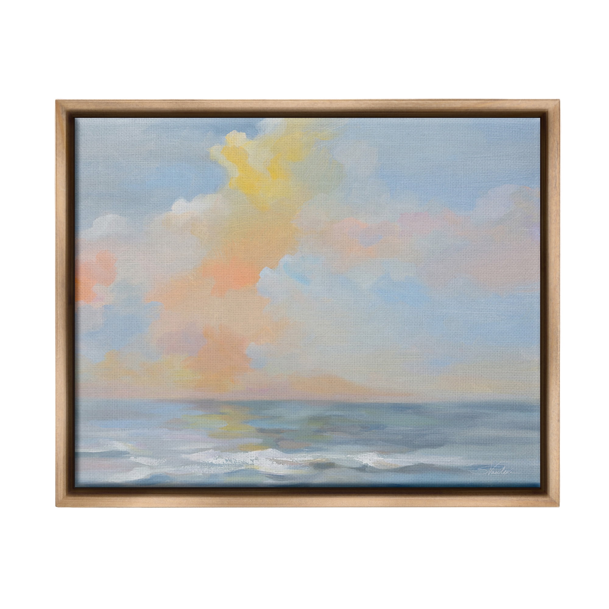 Stupell Industries Sea & Pastel Clouds Landscape Painting Brown Floater Framed Canvas Art Print Wall Art, 21 x 17