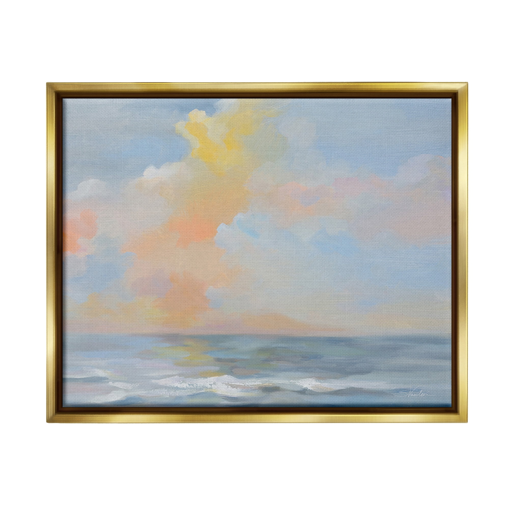 Stupell Industries Sea & Pastel Clouds Landscape Painting Gold Floater Framed Canvas Art Print Wall Art, 21 x 17