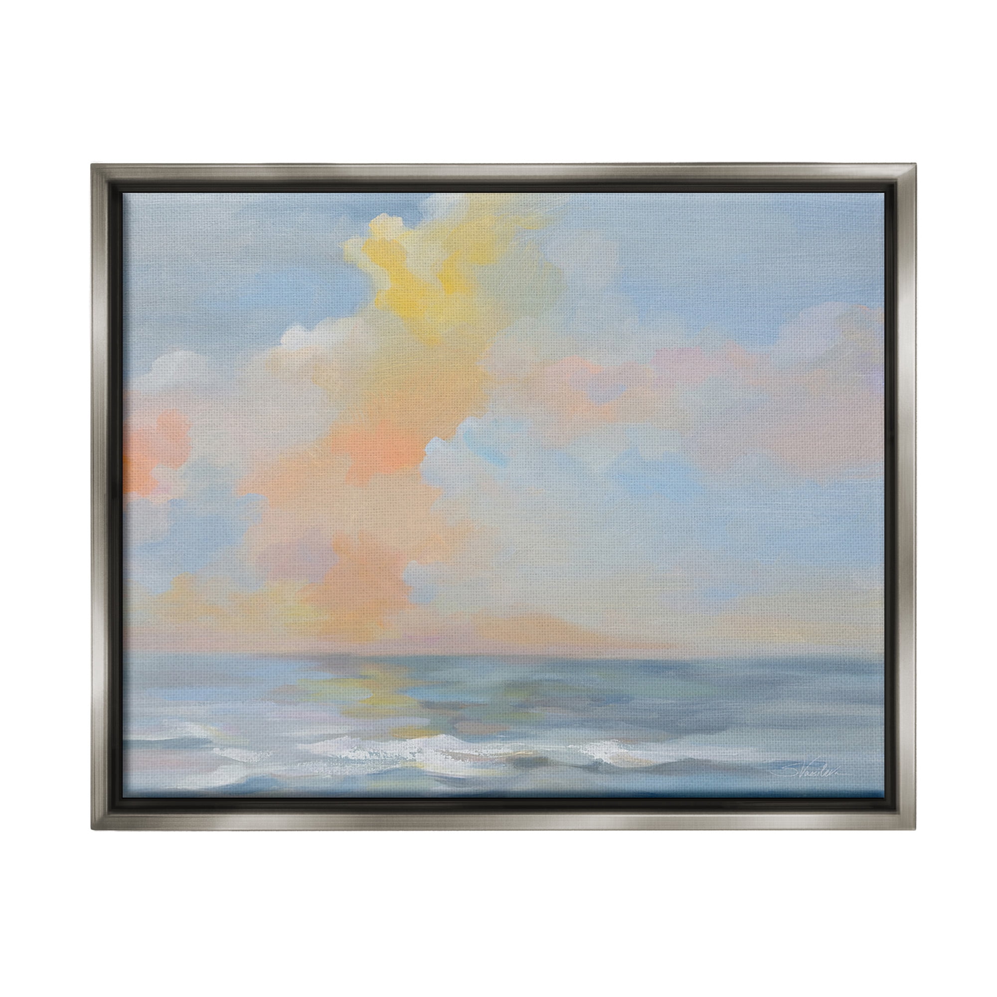 Stupell Industries Sea & Pastel Clouds Landscape Painting Gray Floater Framed Canvas Art Print Wall Art, 21 x 17