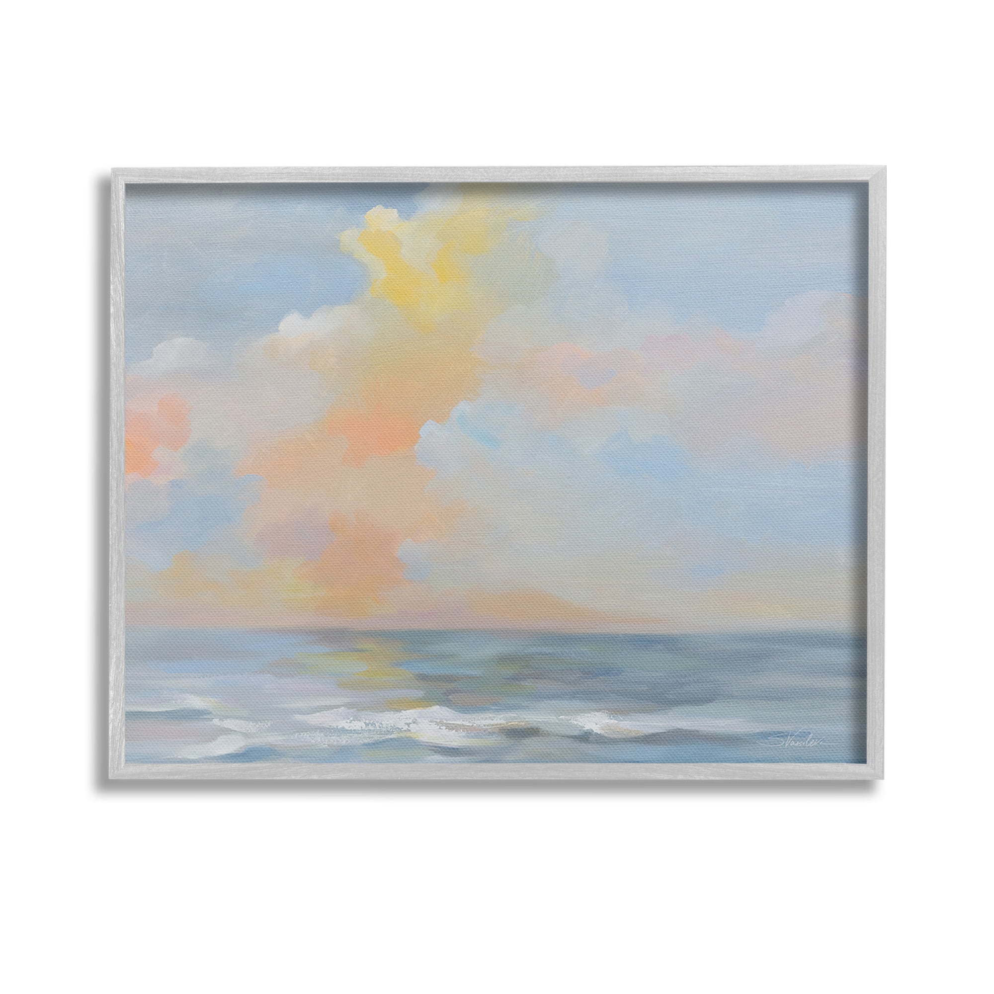 Stupell Industries Sea & Pastel Clouds Landscape Painting Gray Framed Art Print Wall Art, 14 x 11