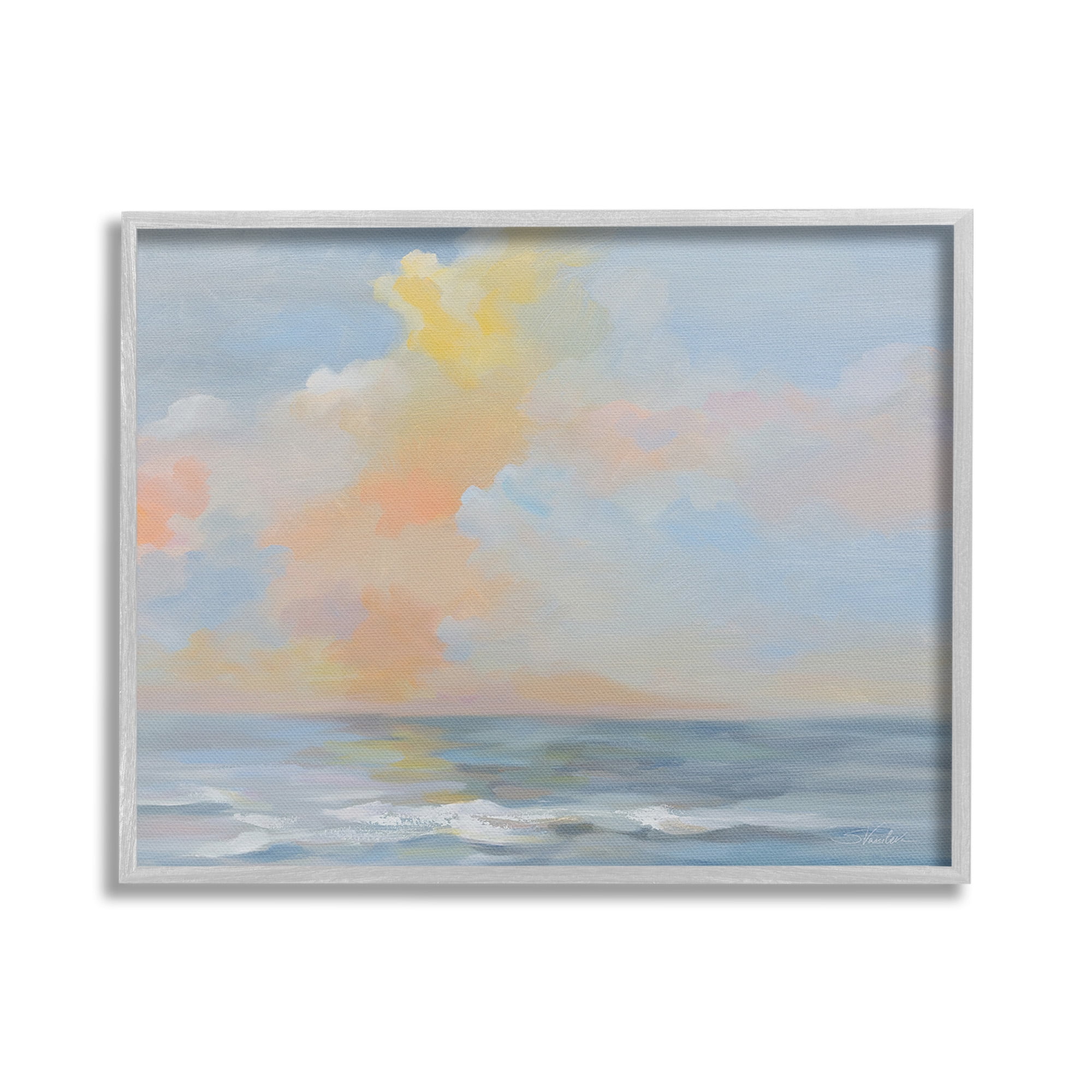 Stupell Industries Sea & Pastel Clouds Landscape Painting Gray Framed Art Print Wall Art, 30 x 24