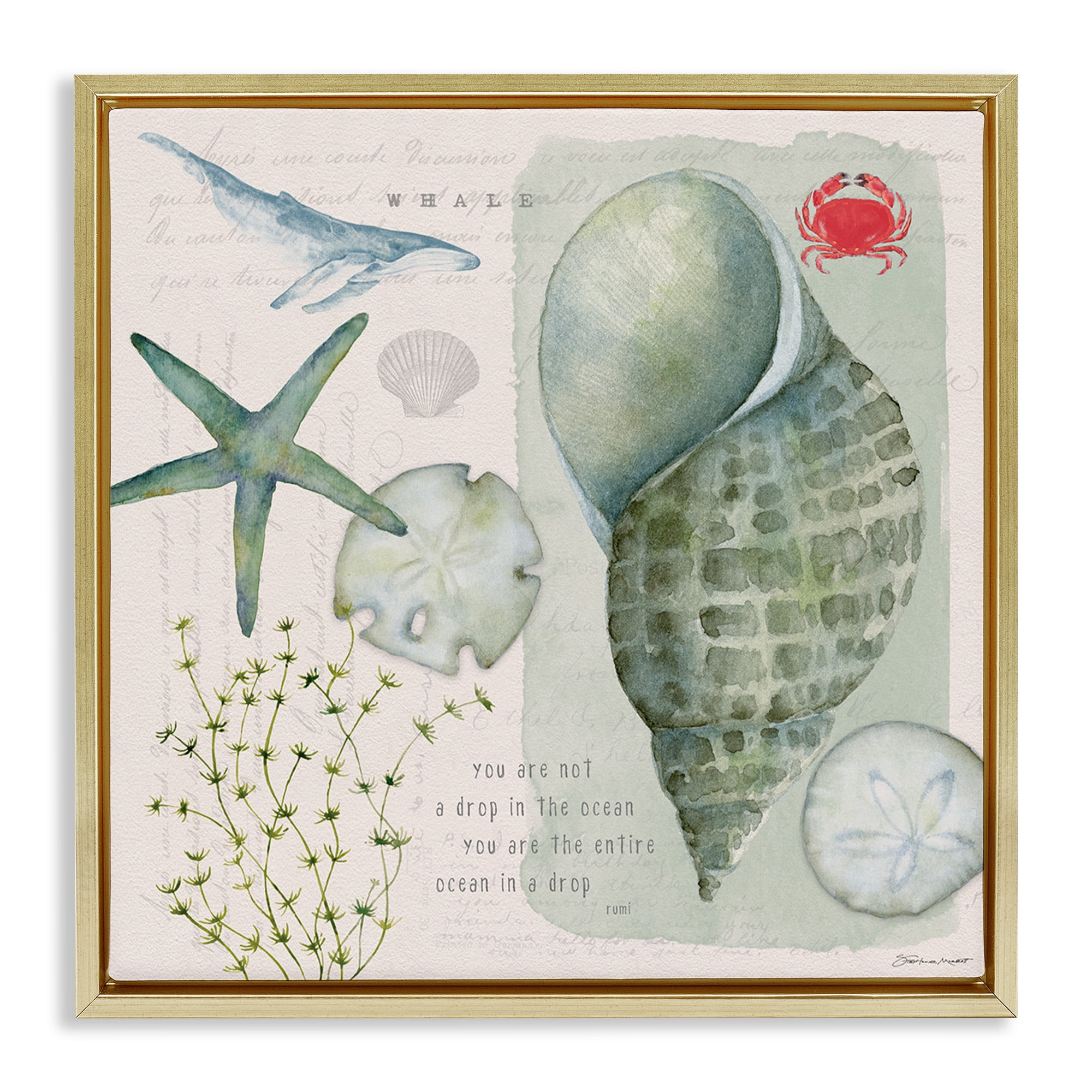 Stupell Industries Sea Shell Inspirational Collage Inspirational Painting Gold Floater Framed Canvas Art Print Wall Art, 18 x 18