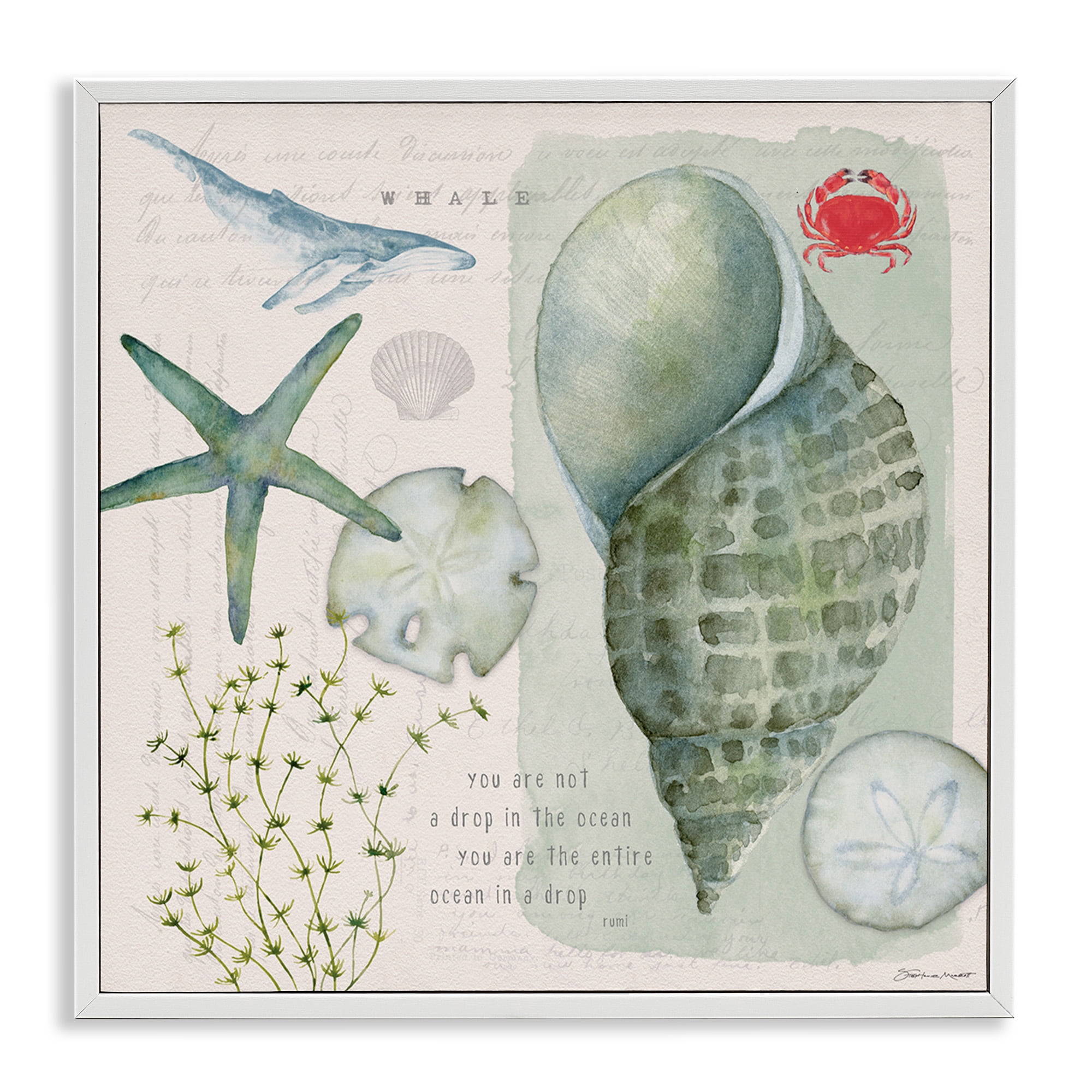 Stupell Industries Sea Shell Inspirational Collage Inspirational Painting White Framed Art Print Wall Art, 12 x 12