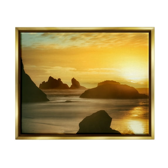 Stupell Industries Sea Stacks at Sunset Nature Photography Gold Floater Framed Art Print Wall Art, 21 x 17