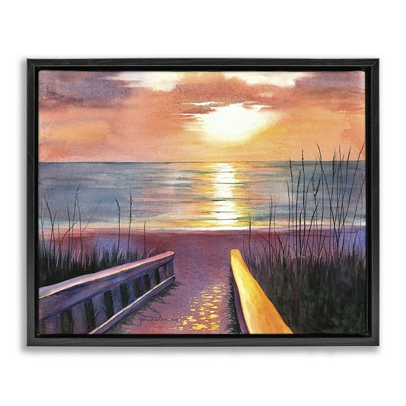 Stupell Industries Sea Sunset Reflection Landscape Painting Black Floater Framed Canvas Art Print Wall Art, 21 x 17