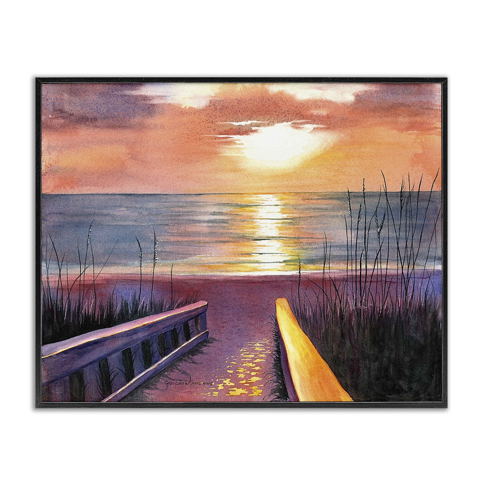 Stupell Industries Sea Sunset Reflection Landscape Painting Black Framed Art Print Wall Art, 30 x 24