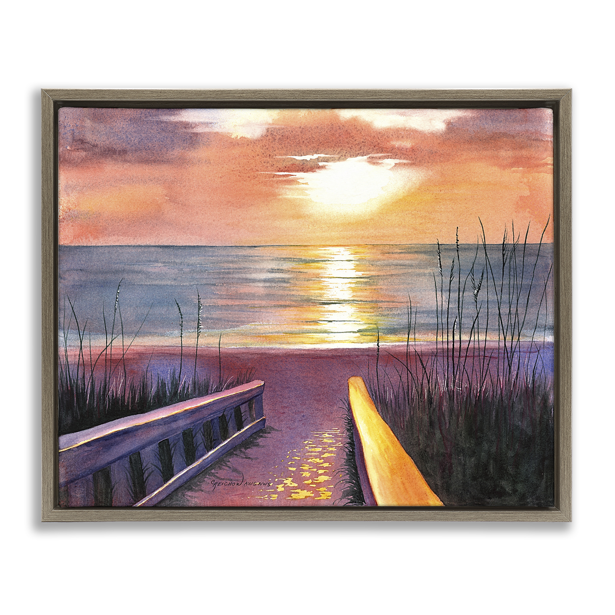 Stupell Industries Sea Sunset Reflection Landscape Painting Brown Floater Framed Canvas Art Print Wall Art, 21 x 17