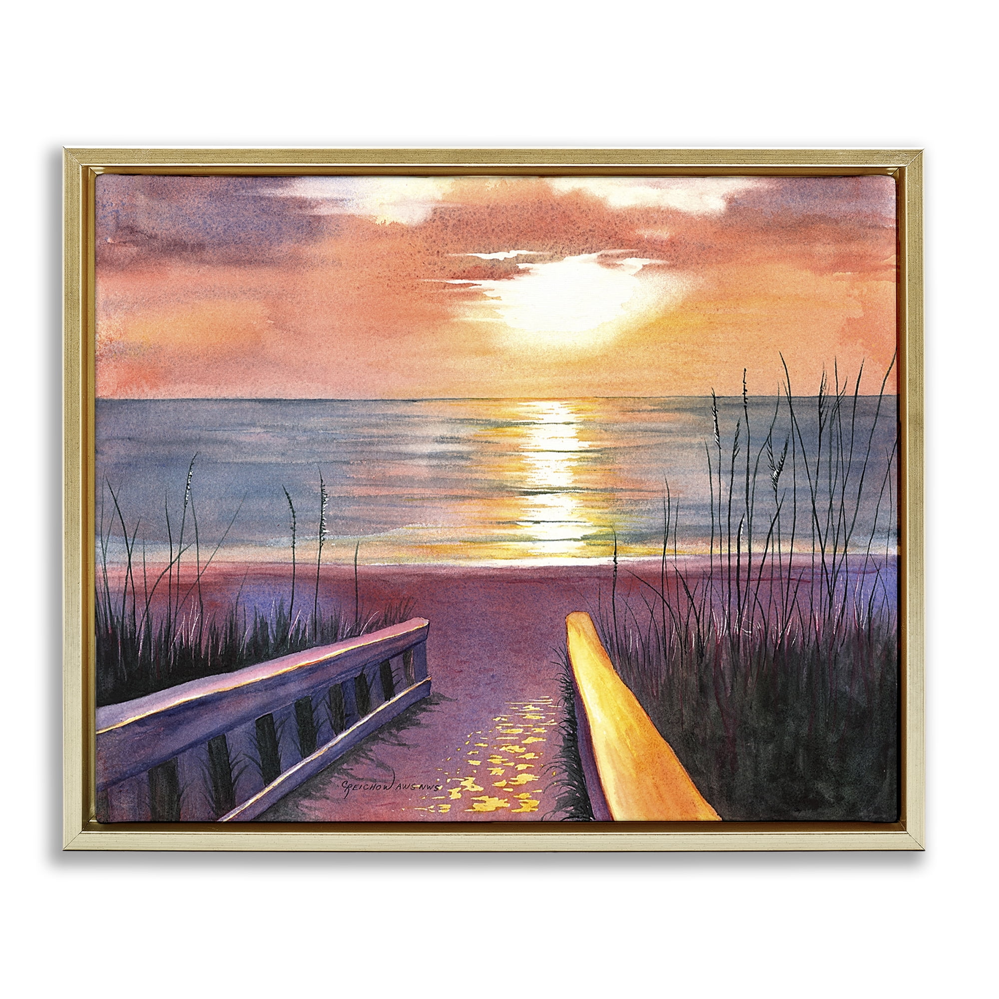 Stupell Industries Sea Sunset Reflection Landscape Painting Gold Floater Framed Canvas Art Print Wall Art, 21 x 17