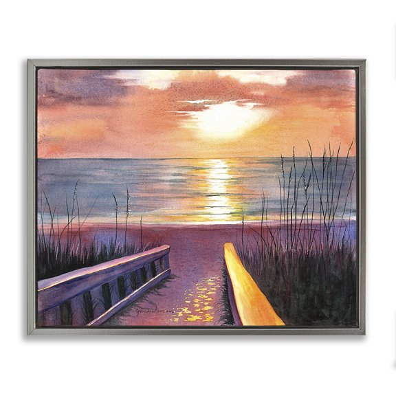 Stupell Industries Sea Sunset Reflection Landscape Painting Gray Floater Framed Canvas Art Print Wall Art, 21 x 17