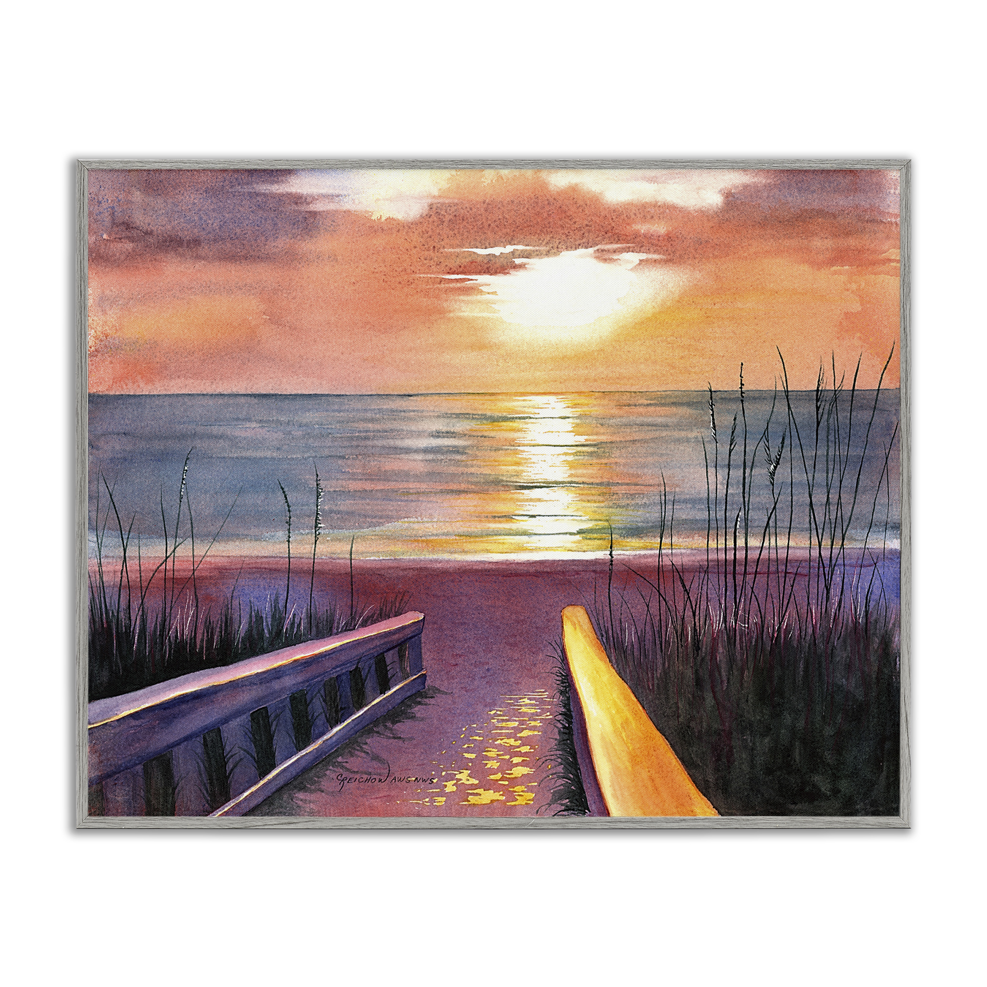 Stupell Industries Sea Sunset Reflection Landscape Painting Gray Framed Art Print Wall Art, 20 x 16