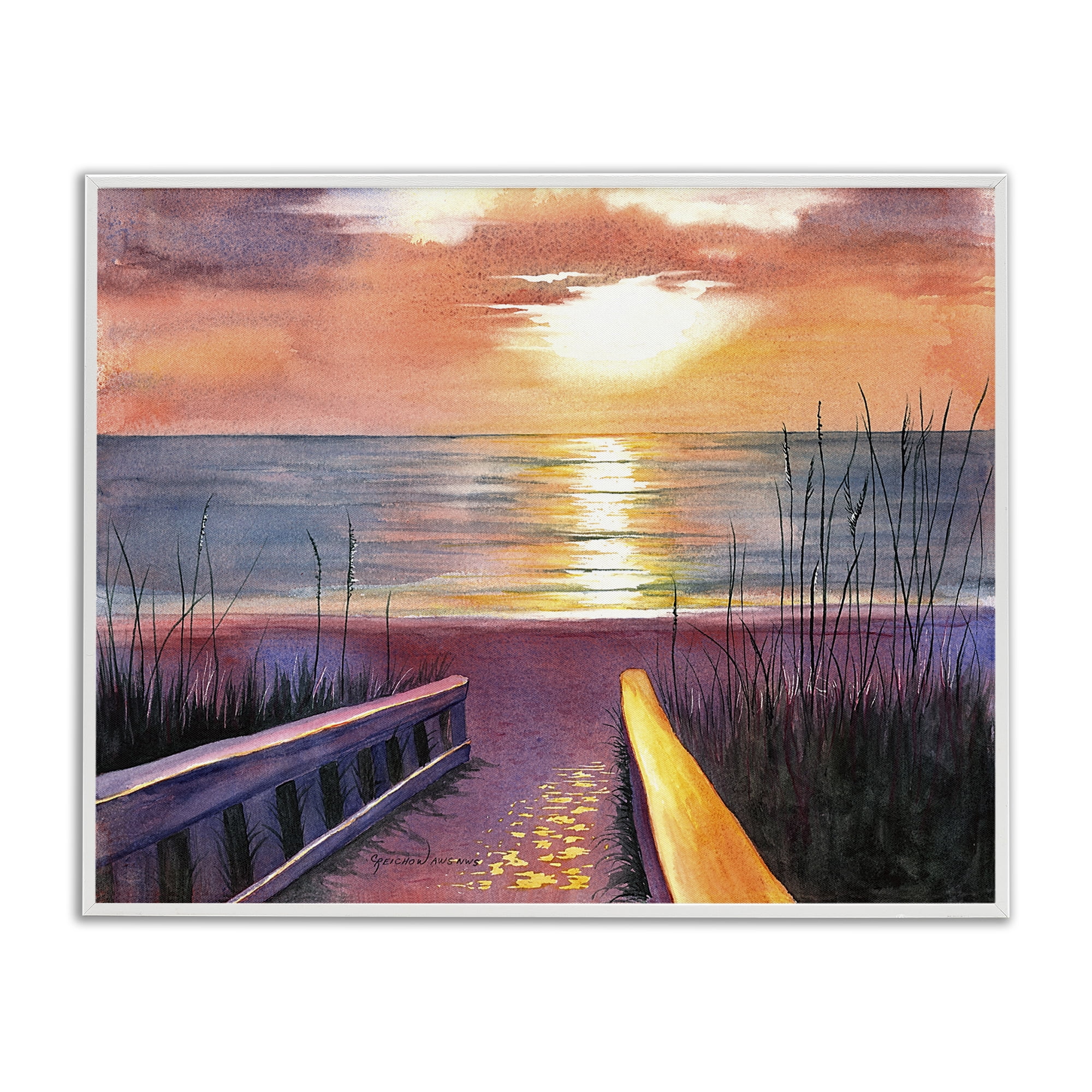 Stupell Industries Sea Sunset Reflection Landscape Painting White Framed Art Print Wall Art, 20 x 16