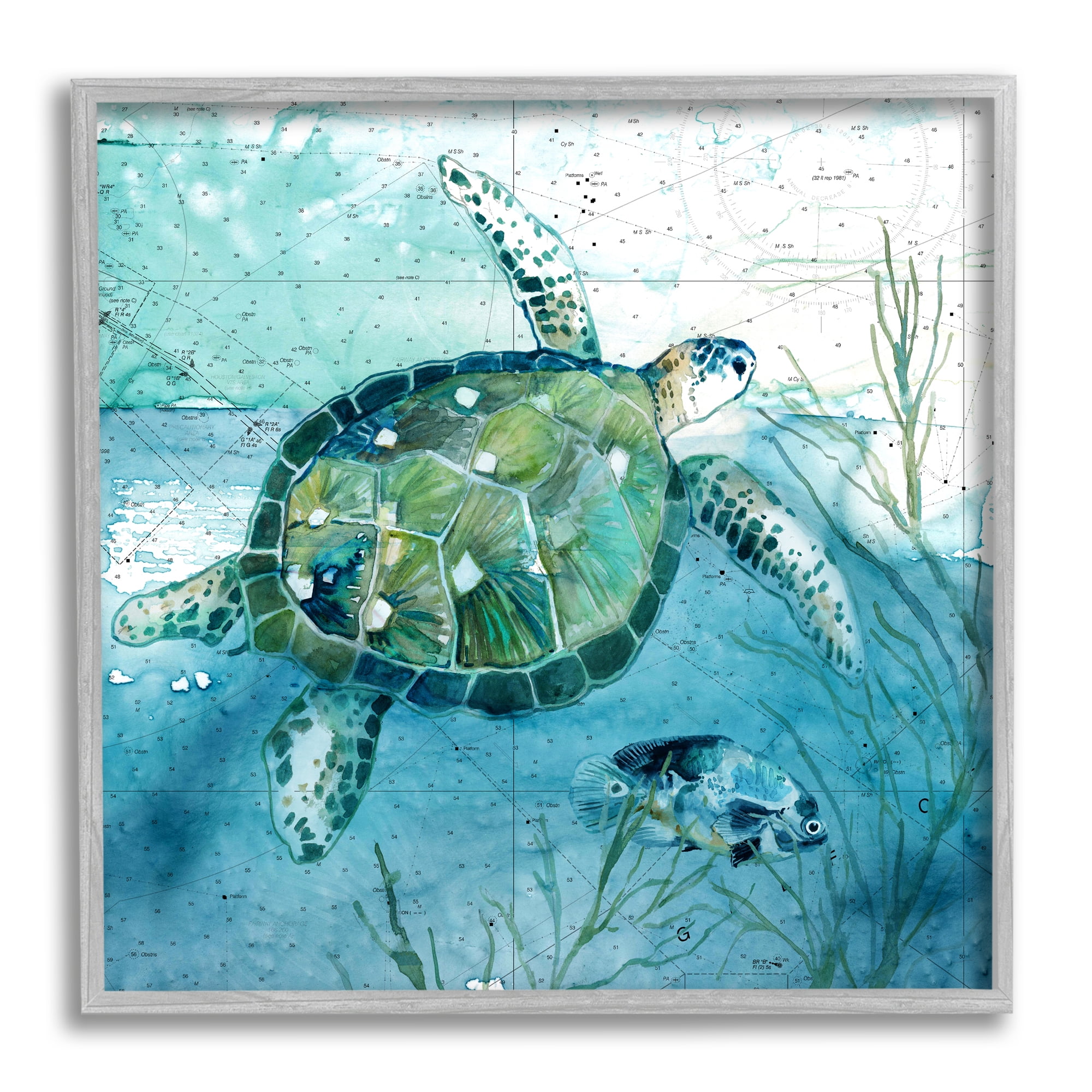 Stupell Industries Sea Tortoise and Fish over Blue Nautical Ocean Map Coastal Painting Gray framed Art Print Wall Art, 12 x 12, Design by Carol Robinson