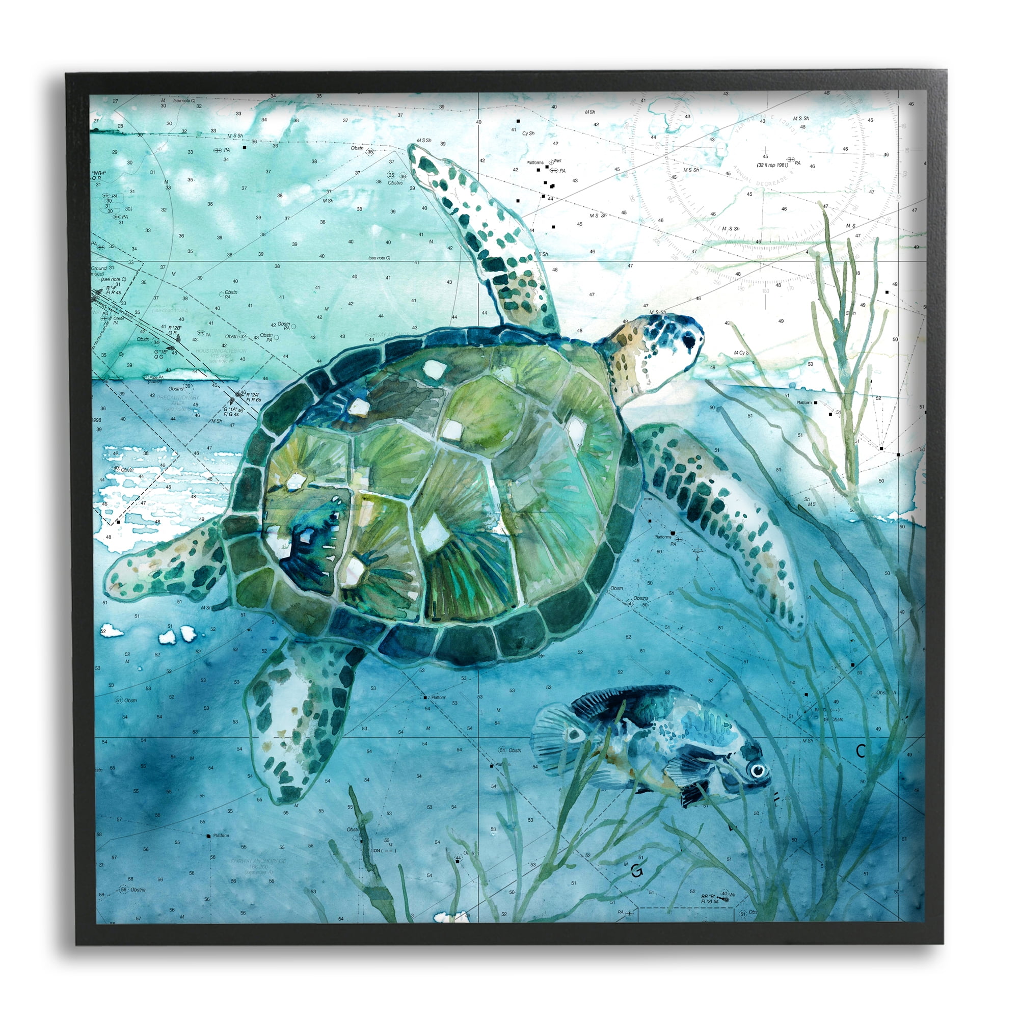 Stupell Industries Sea Tortoise and Fish over Blue Nautical Ocean Map Animals & Insects Painting Black Framed Art Print Wall Art, 24 x 24