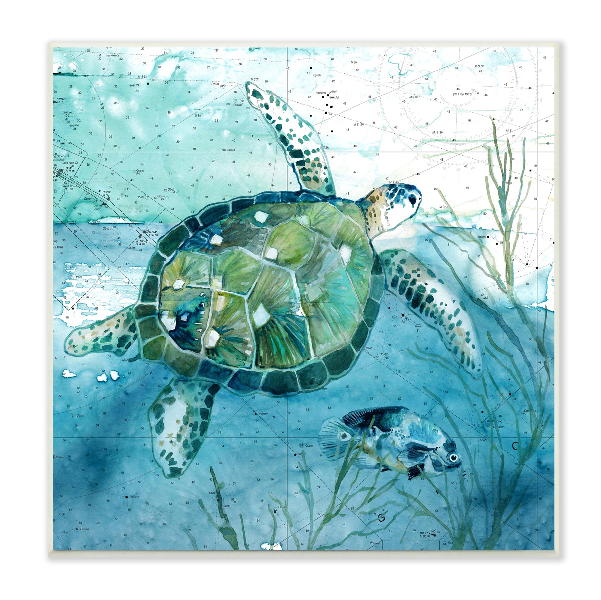 Stupell Industries Sea Tortoise and Fish over Blue Nautical Ocean Map Animals & Insects Painting Unframed Art Print Wall Art, 12 x 12